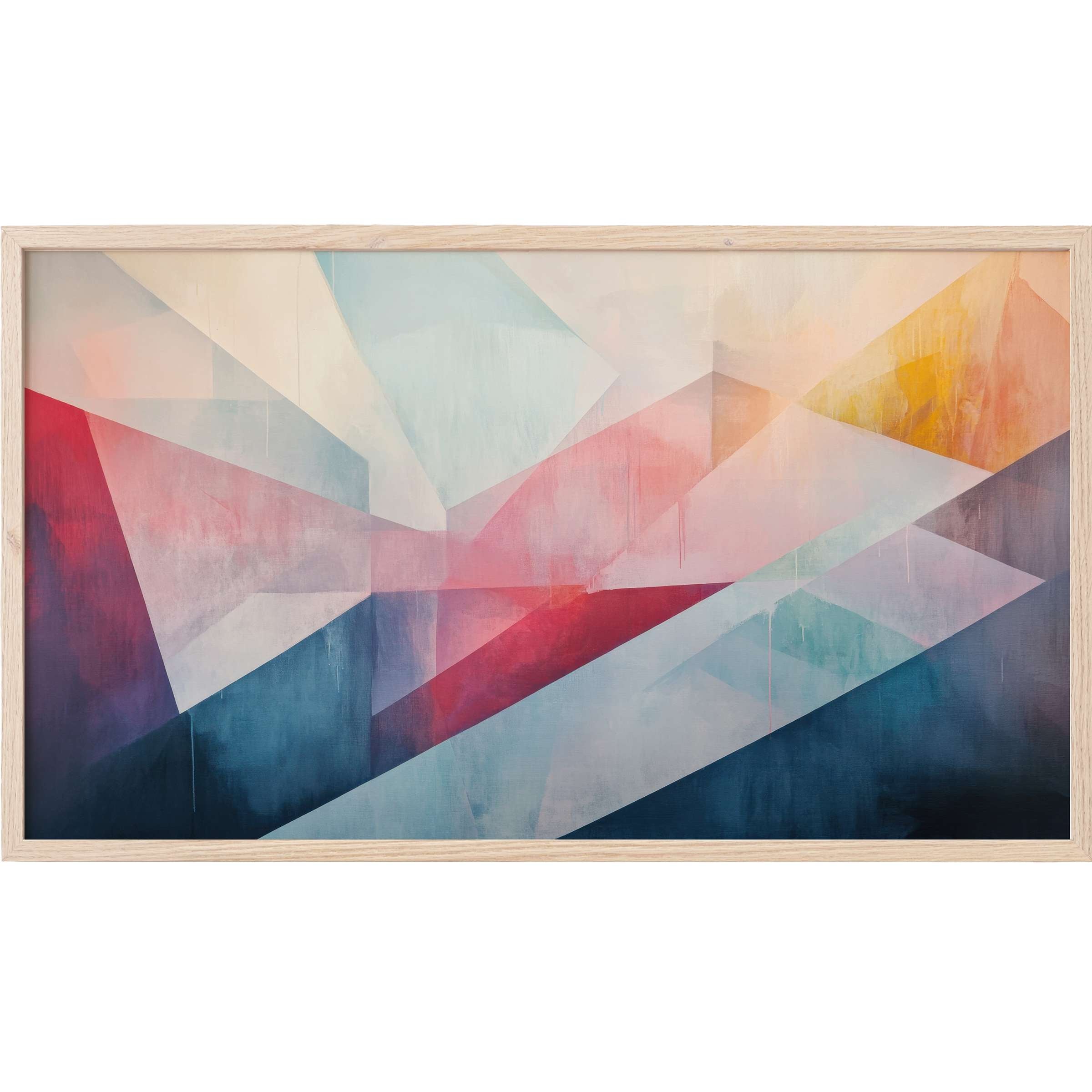 Abstract Frame TV Art with soft geometric shapes in pastel blues, pinks, and warm yellows for a modern, elegant decor touch