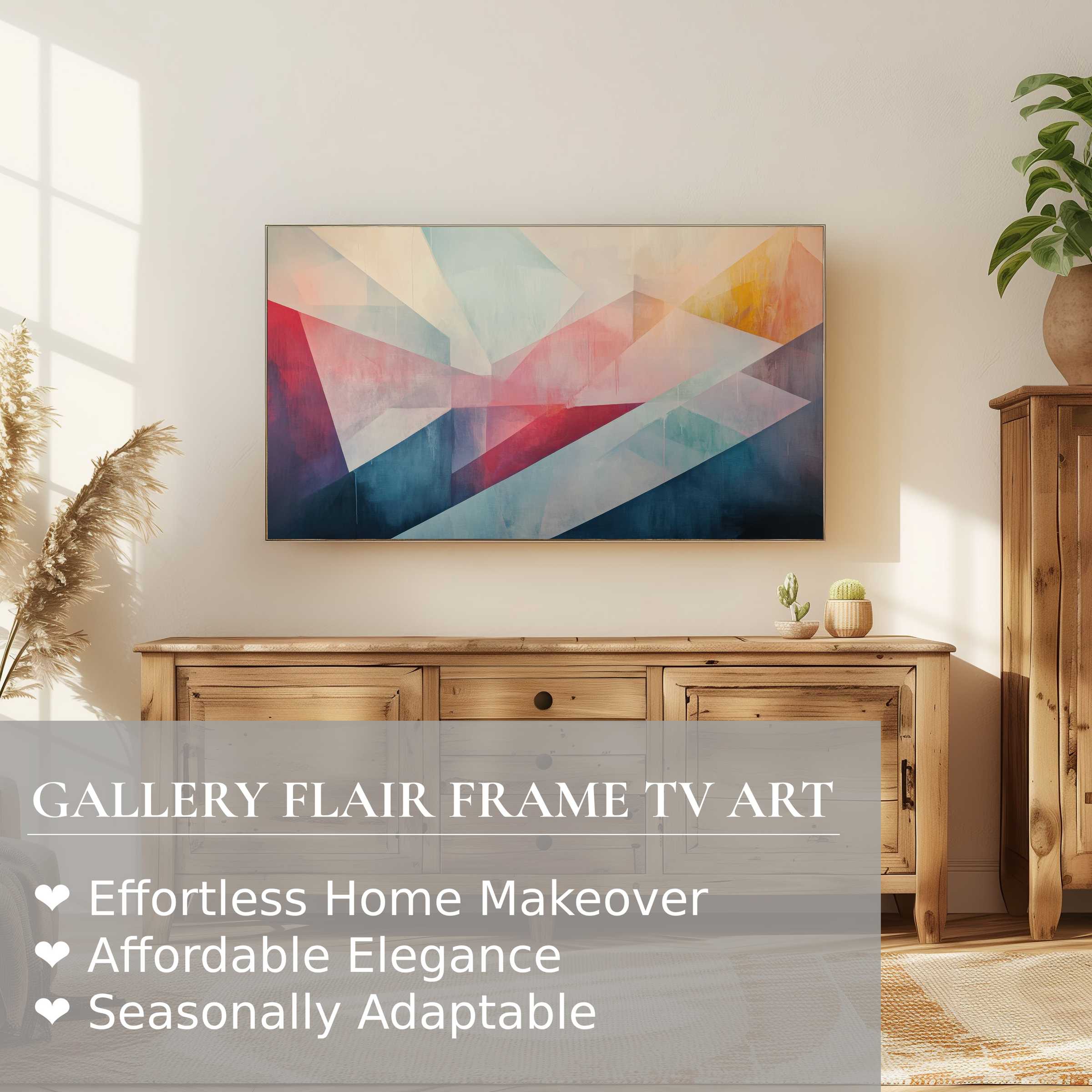 Samsung Frame TV displaying refined abstract digital artwork in a sunlit modern living room with natural wood decor