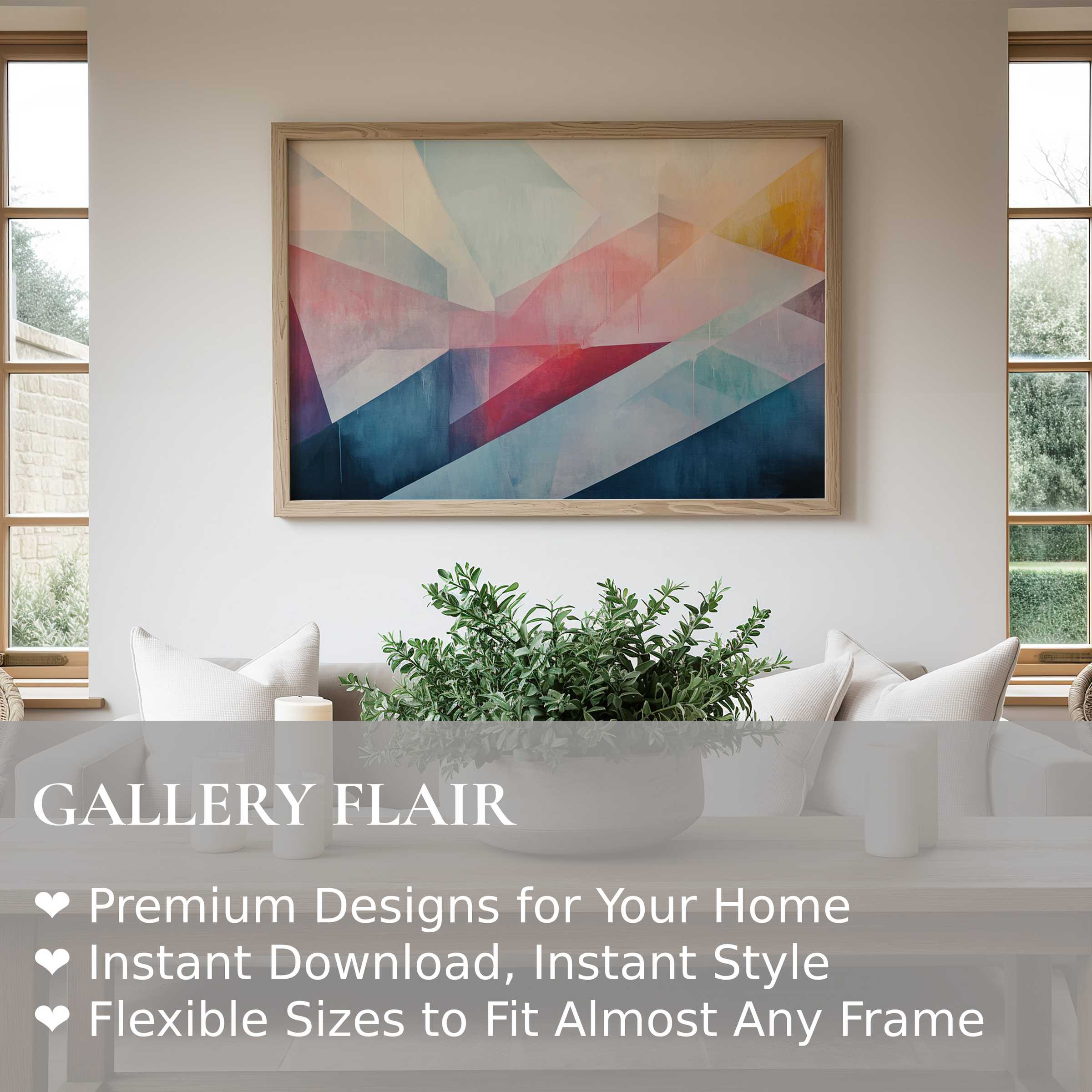 Abstract wall art print with geometric shapes in soft pinks, blues, and warm tones, enhancing a modern minimalist living room with calm, radiant elegance and sophisticated style