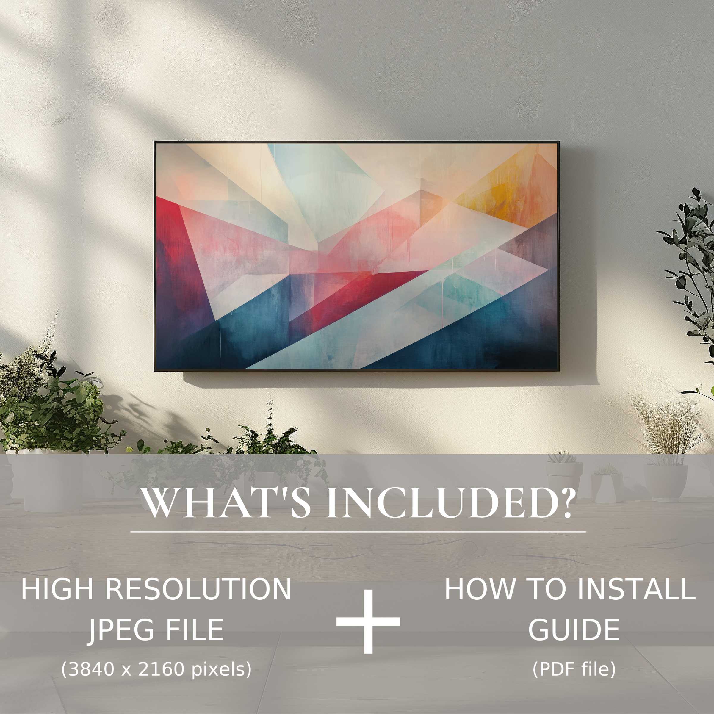 Elegant living room with abstract digital TV art download, easy digital use enhances modern decor ambiance