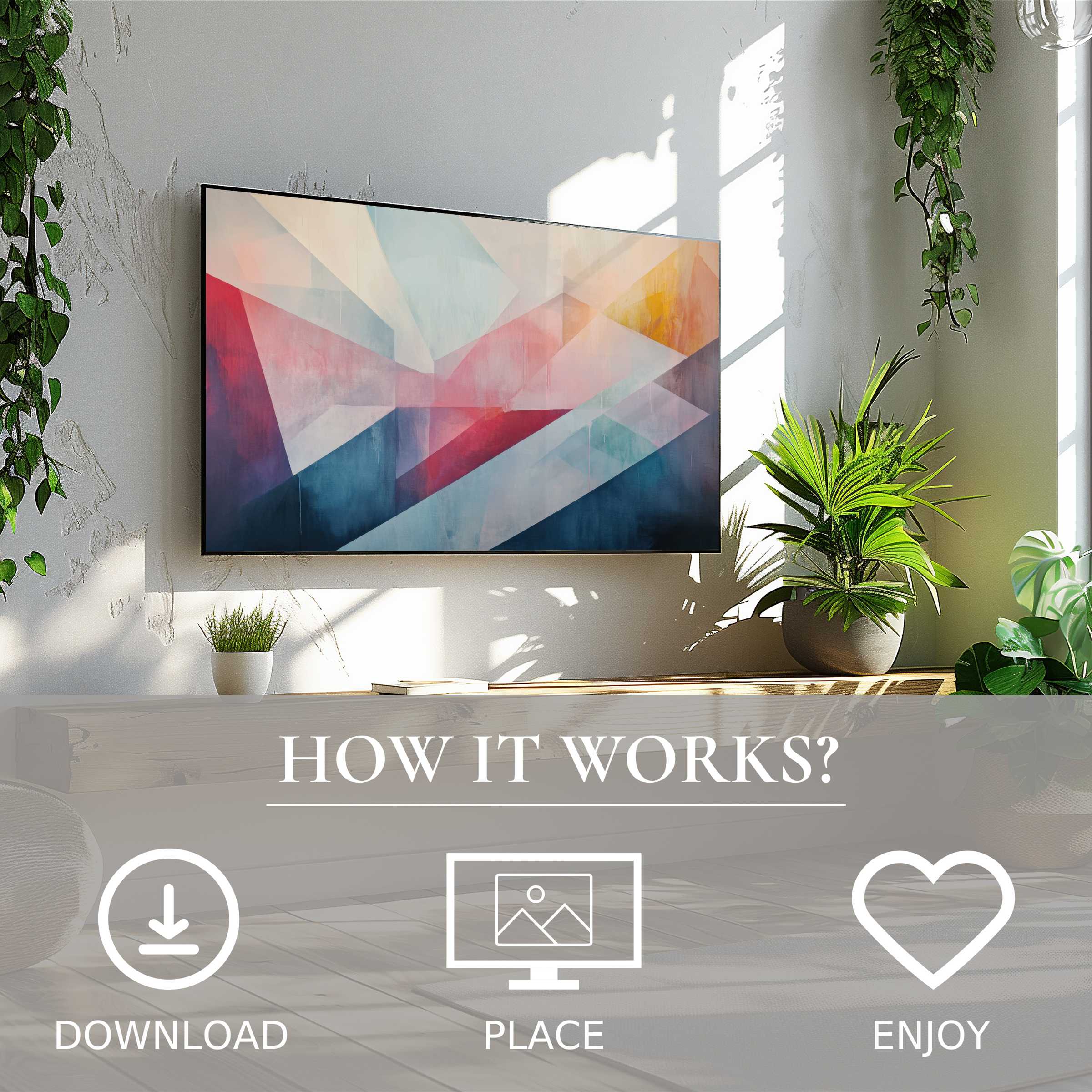 Abstract art for Samsung TV featuring soft geometric color flow, easy digital download enriches modern living spaces