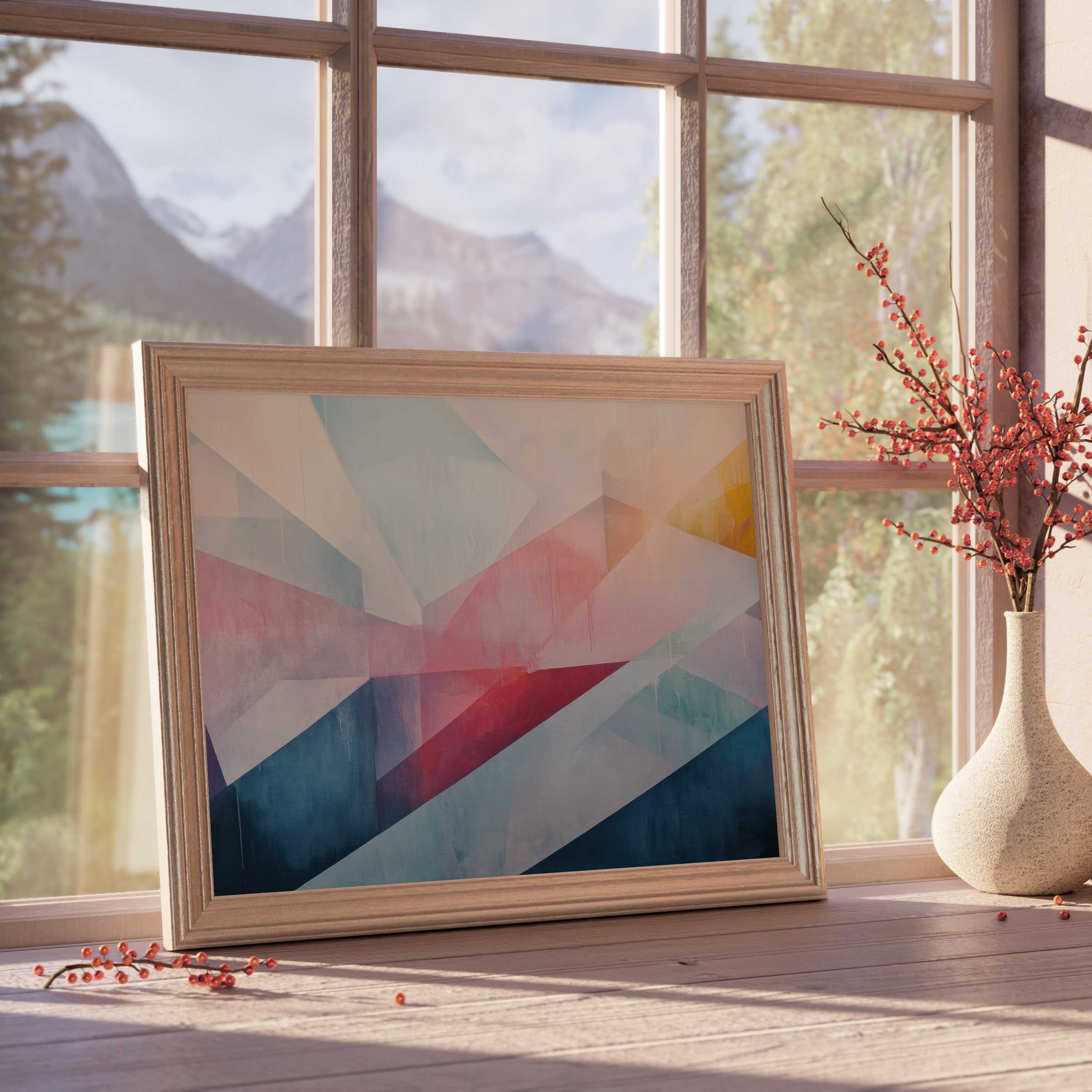 Abstract downloadable art with serene pastel geometry enhances tranquil, curated living spaces with luminous, horizon-inspired hues