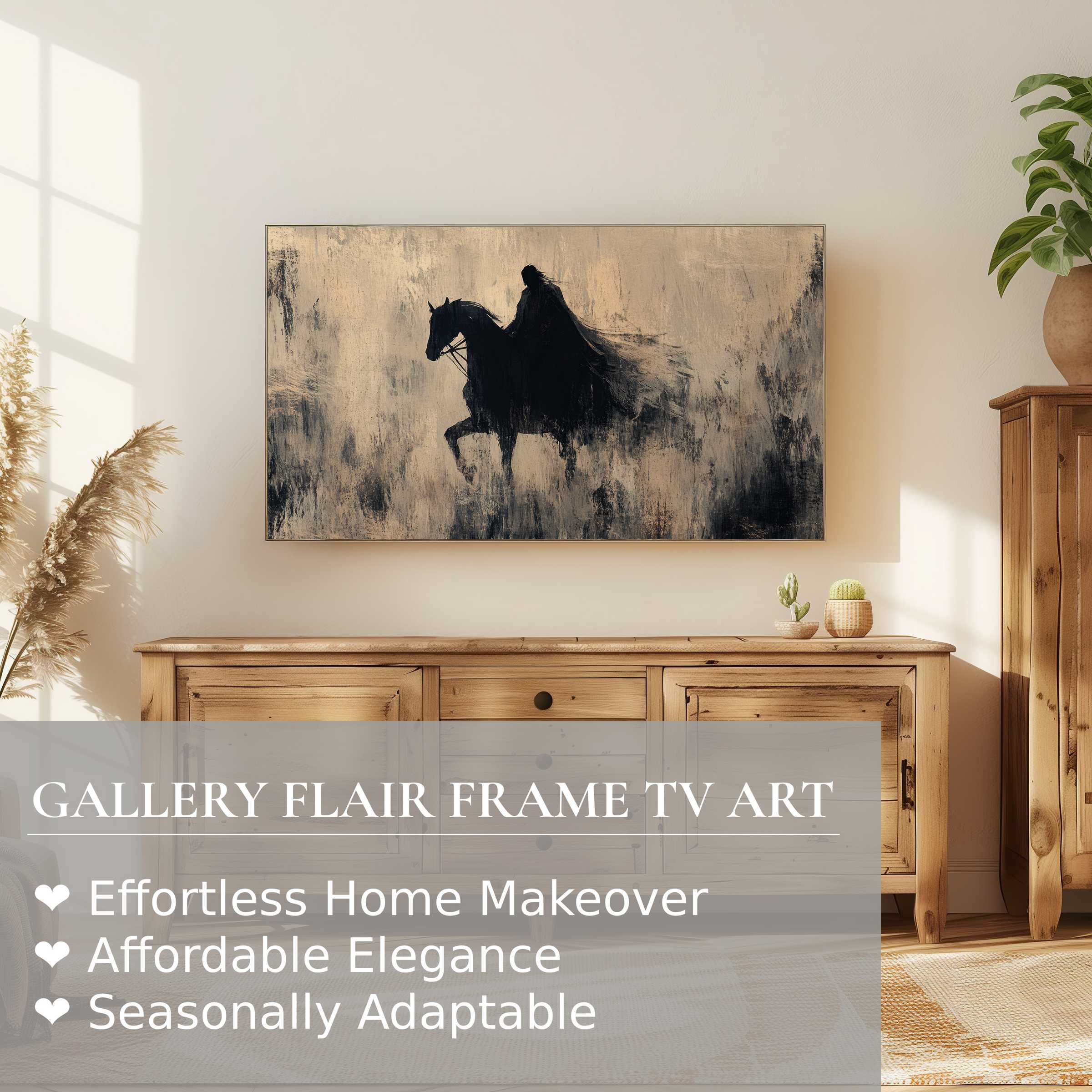 Samsung Frame TV showcasing elegant, moody halloween digital artwork in a serene, refined living space setting