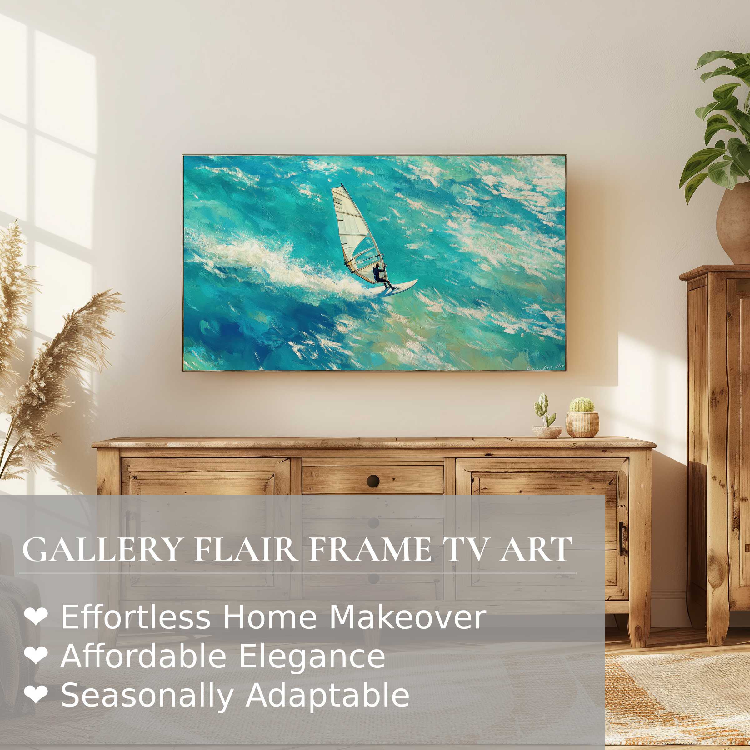 Samsung Frame TV displaying elegant beach digital artwork of a windsailor in vibrant aqua hues