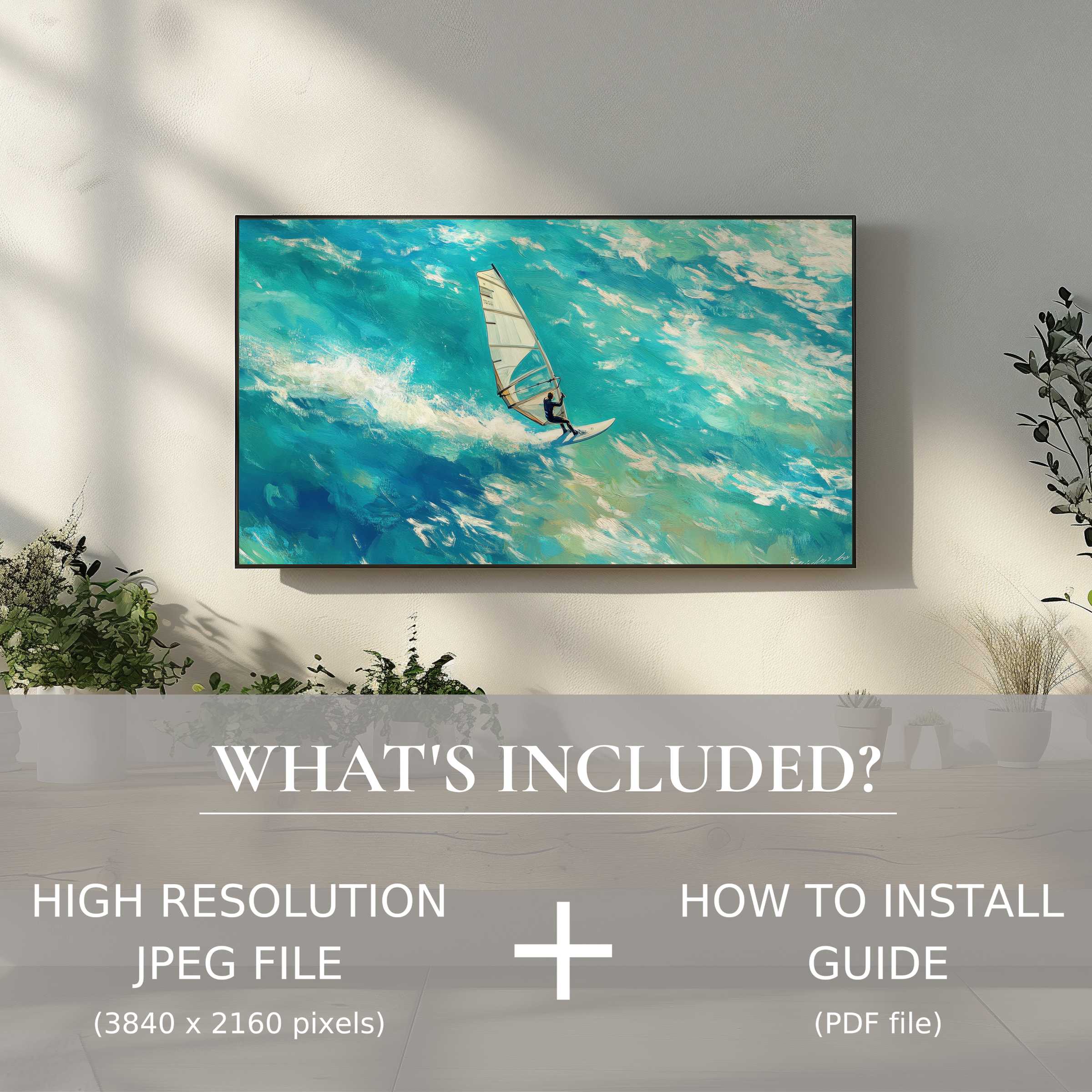 Elegant beach digital TV art download, easy digital use enhances living spaces with vibrant seaside energy