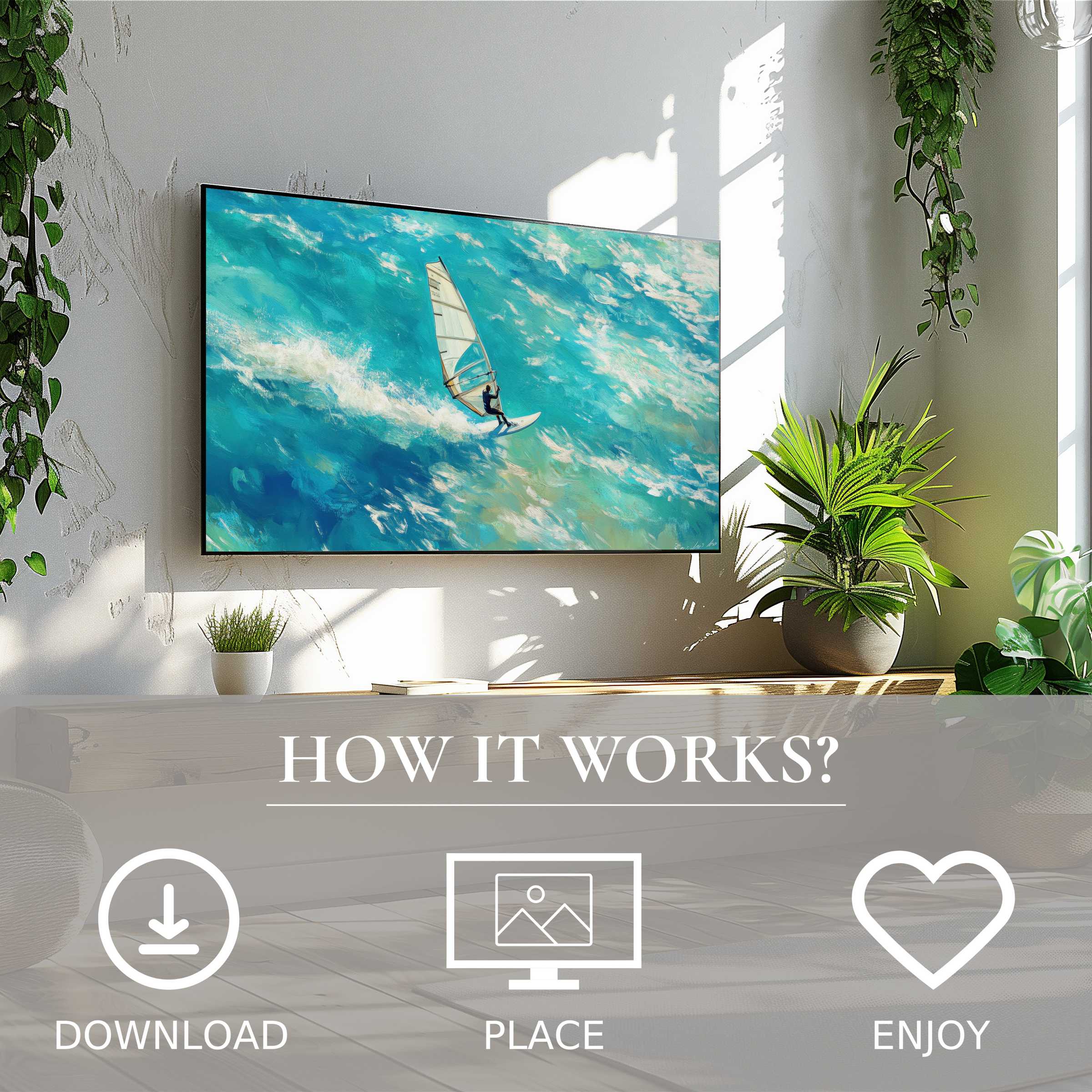 Modern living with easy digital download beach art for Samsung TV, vibrant ocean waves and windsurfer enrich space
