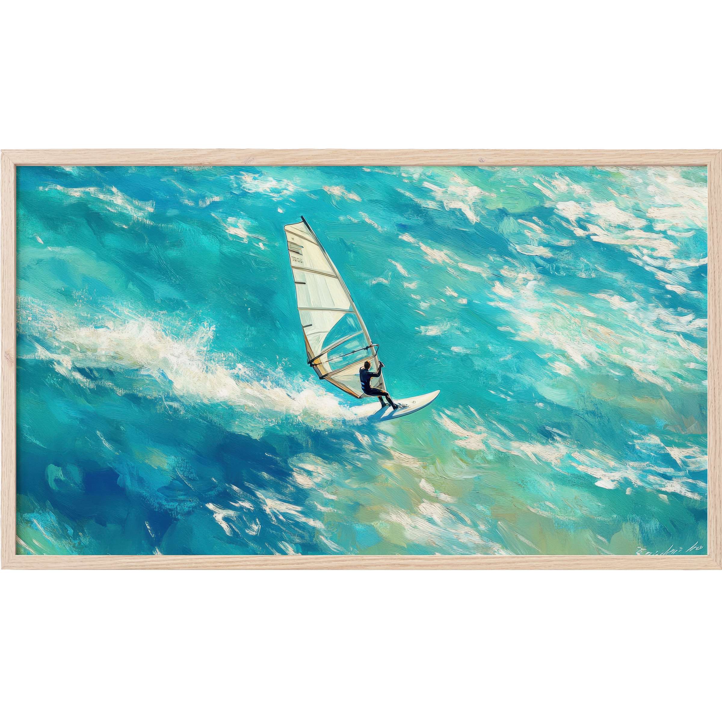 Dynamic windsurfer glides through vibrant turquoise waves in this impressionistic beach Frame TV Art