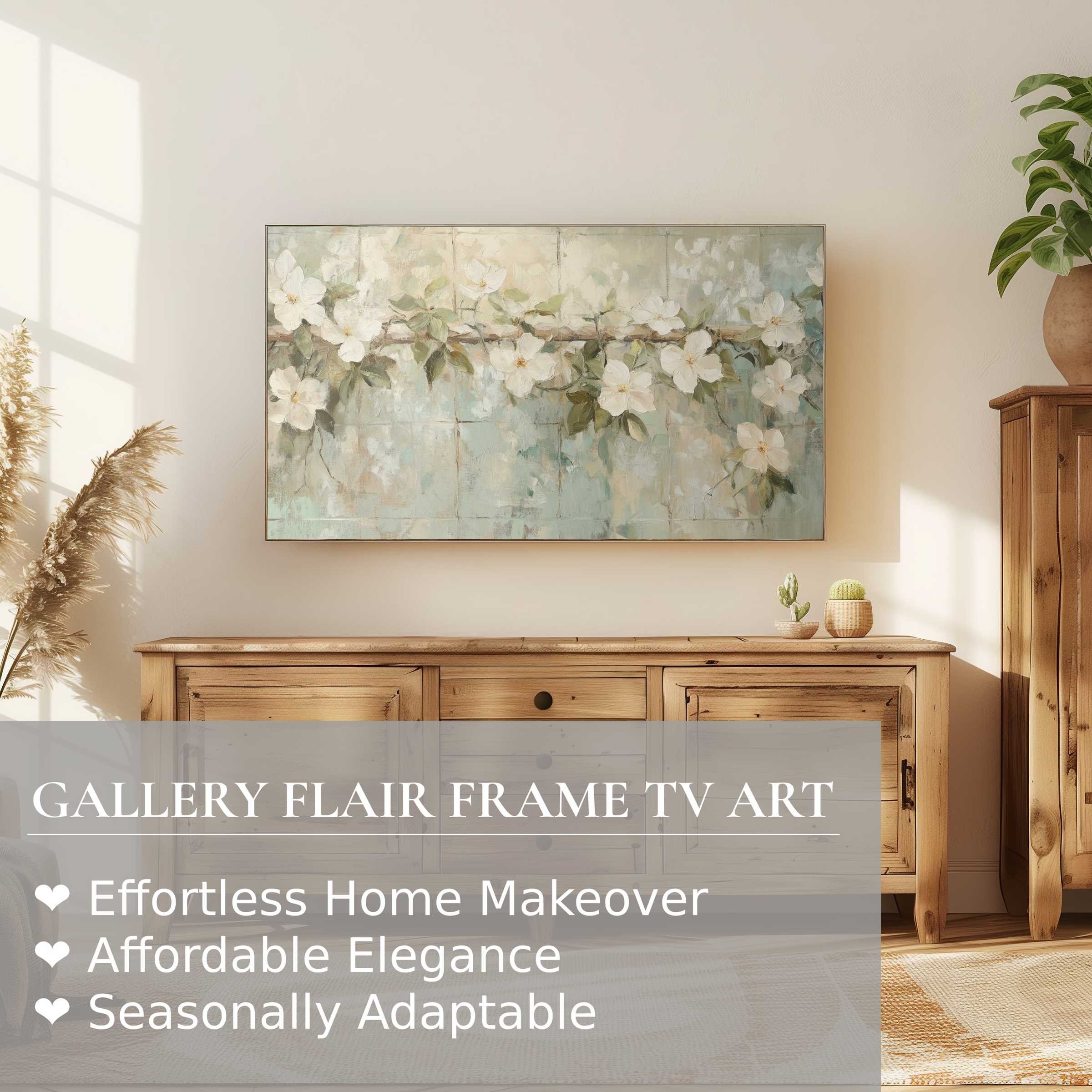 Samsung Frame TV in a serene room displaying botanical digital artwork with soft florals and muted tones