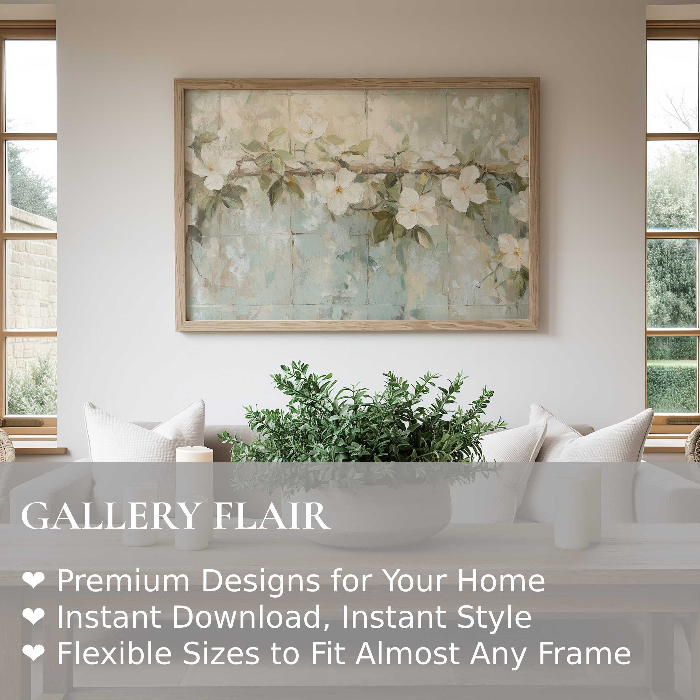 Botanical wall art print featuring soft white blossoms and muted green leaves, adding a calming, elegant touch to modern minimalist interiors