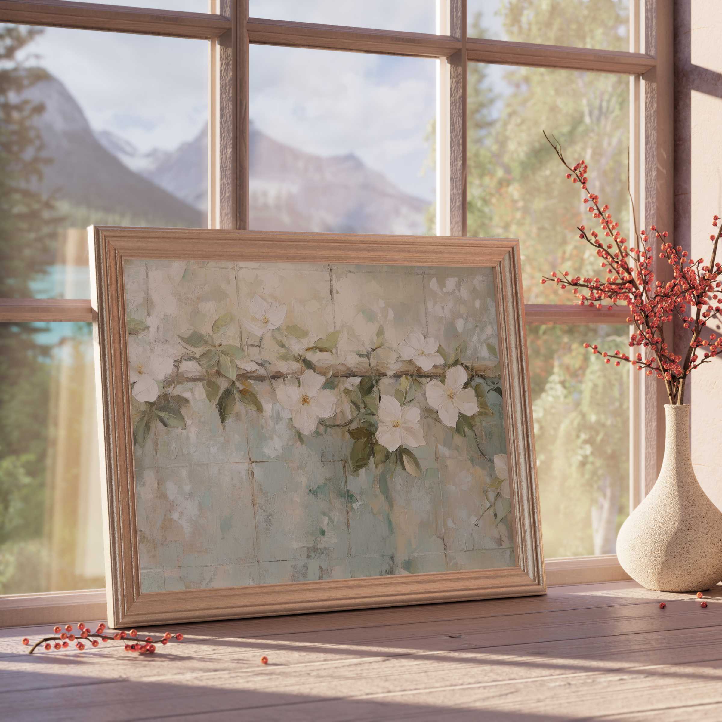 Botanical downloadable art showcasing delicate white blossoms in soft neutrals, elevating serene, curated interiors with natural elegance