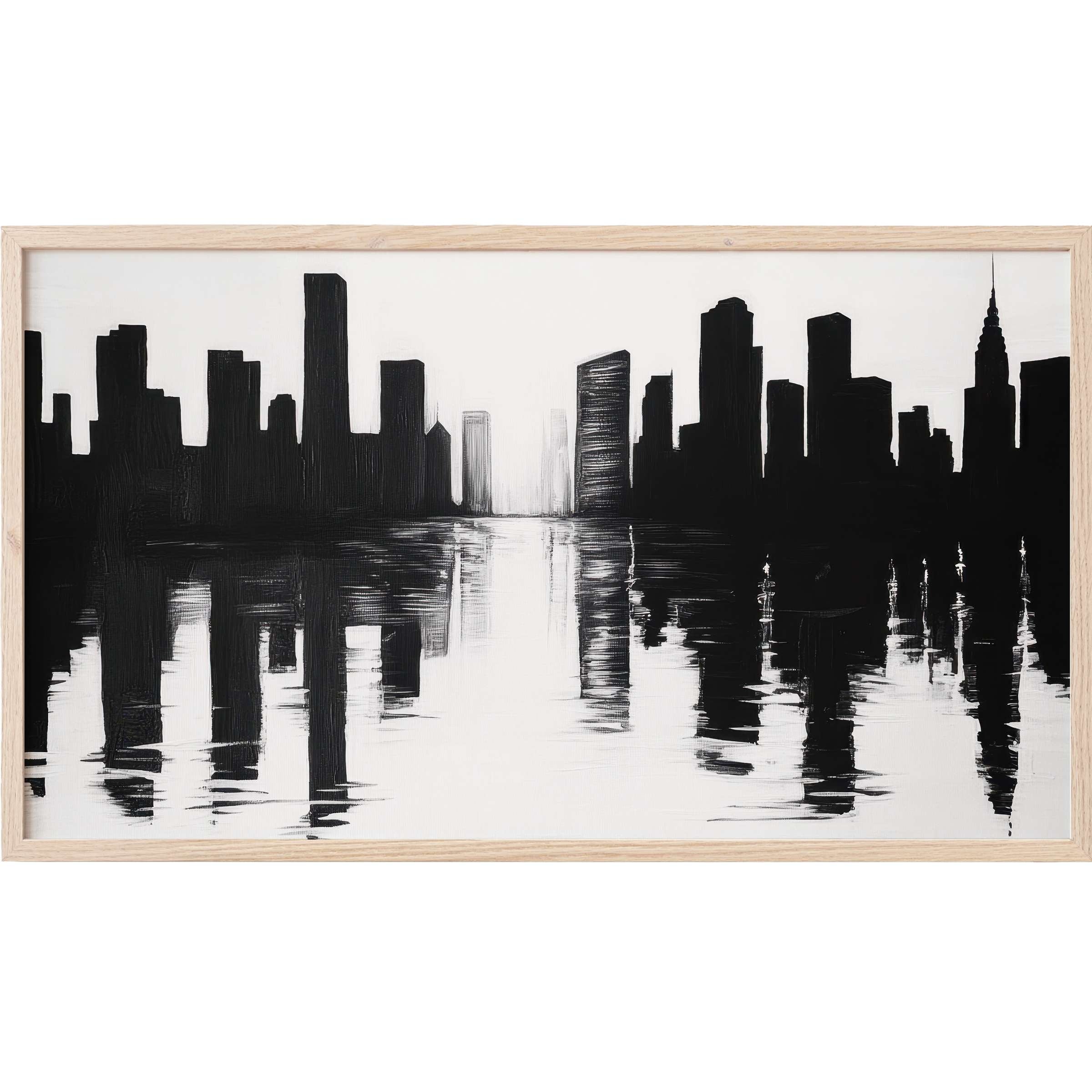 Elegant black and white Frame TV Art depicting a modern city skyline mirrored on water with bold brushstrokes