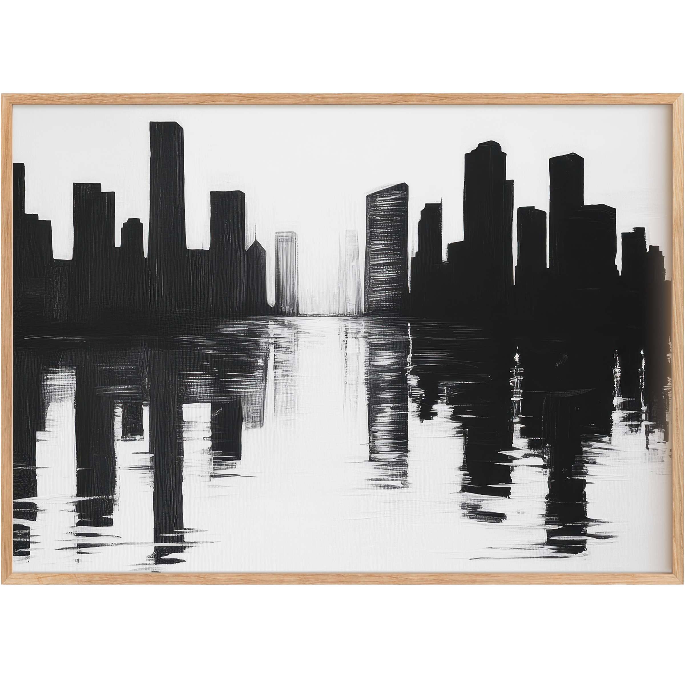 Bold black and white printable wall art capturing a serene urban skyline reflection, elevating contemporary interiors with timeless elegance