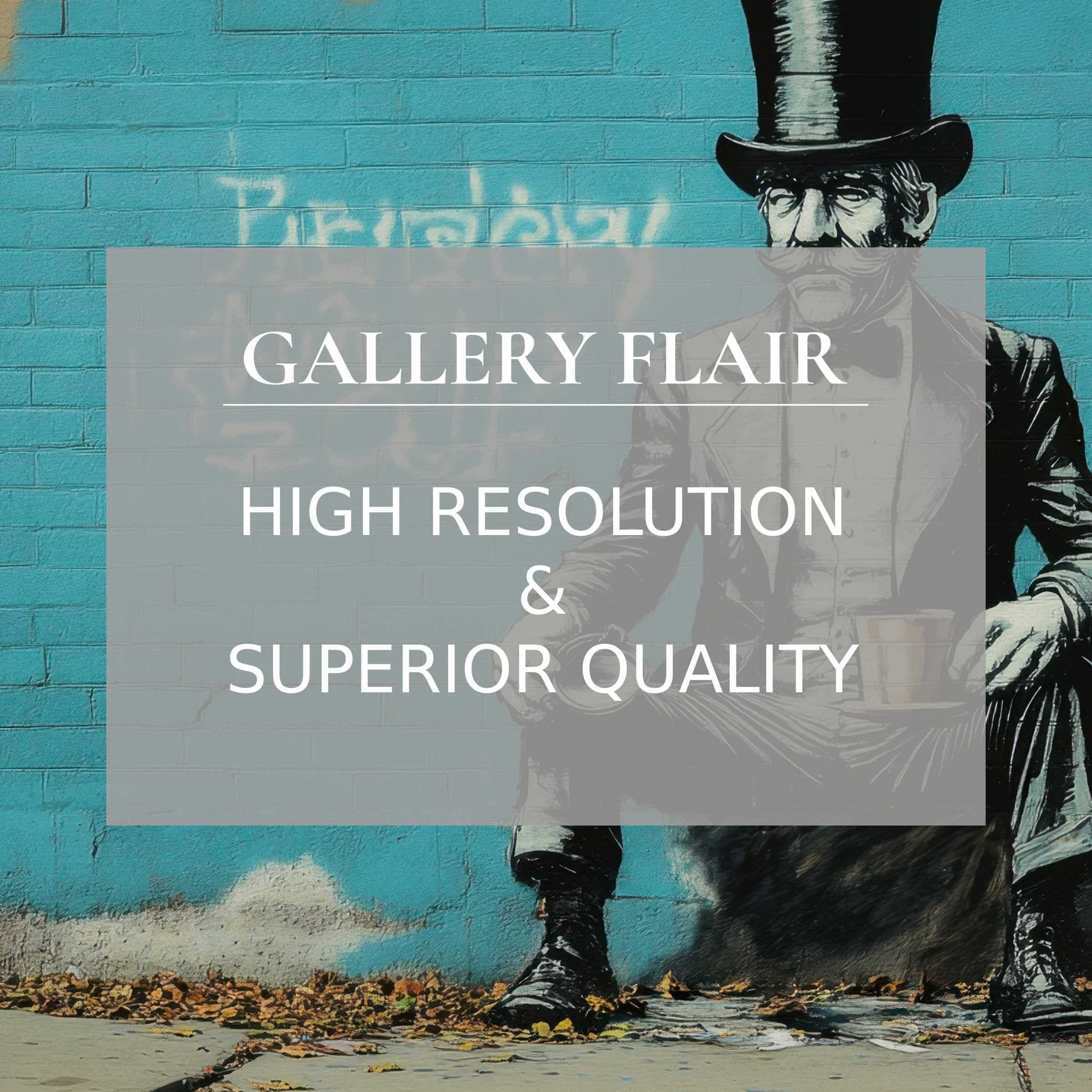 Elegant, high-resolution street art Frame TV picture features detailed, monochrome vintage figure against vibrant teal brick wall