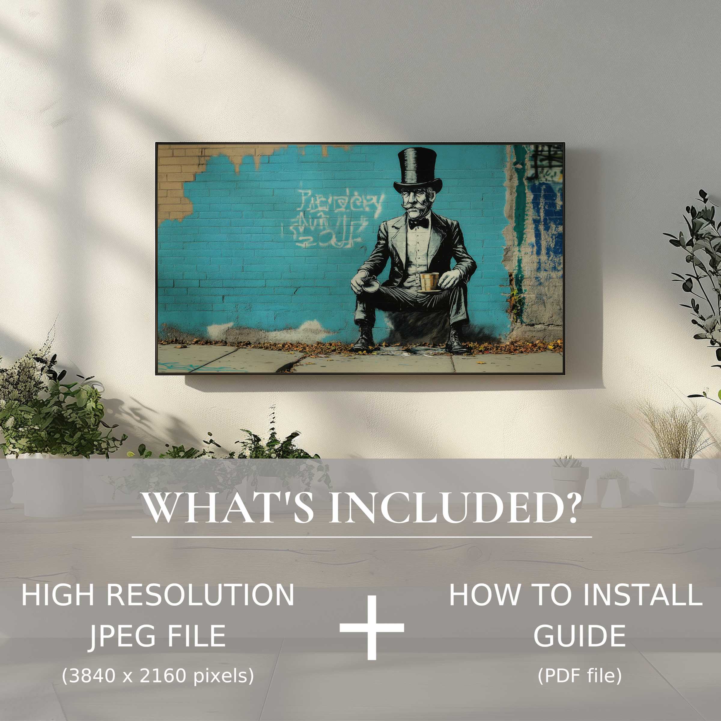 Stylish living room with street art digital TV art download, easy to use, elevating your home’s modern charm