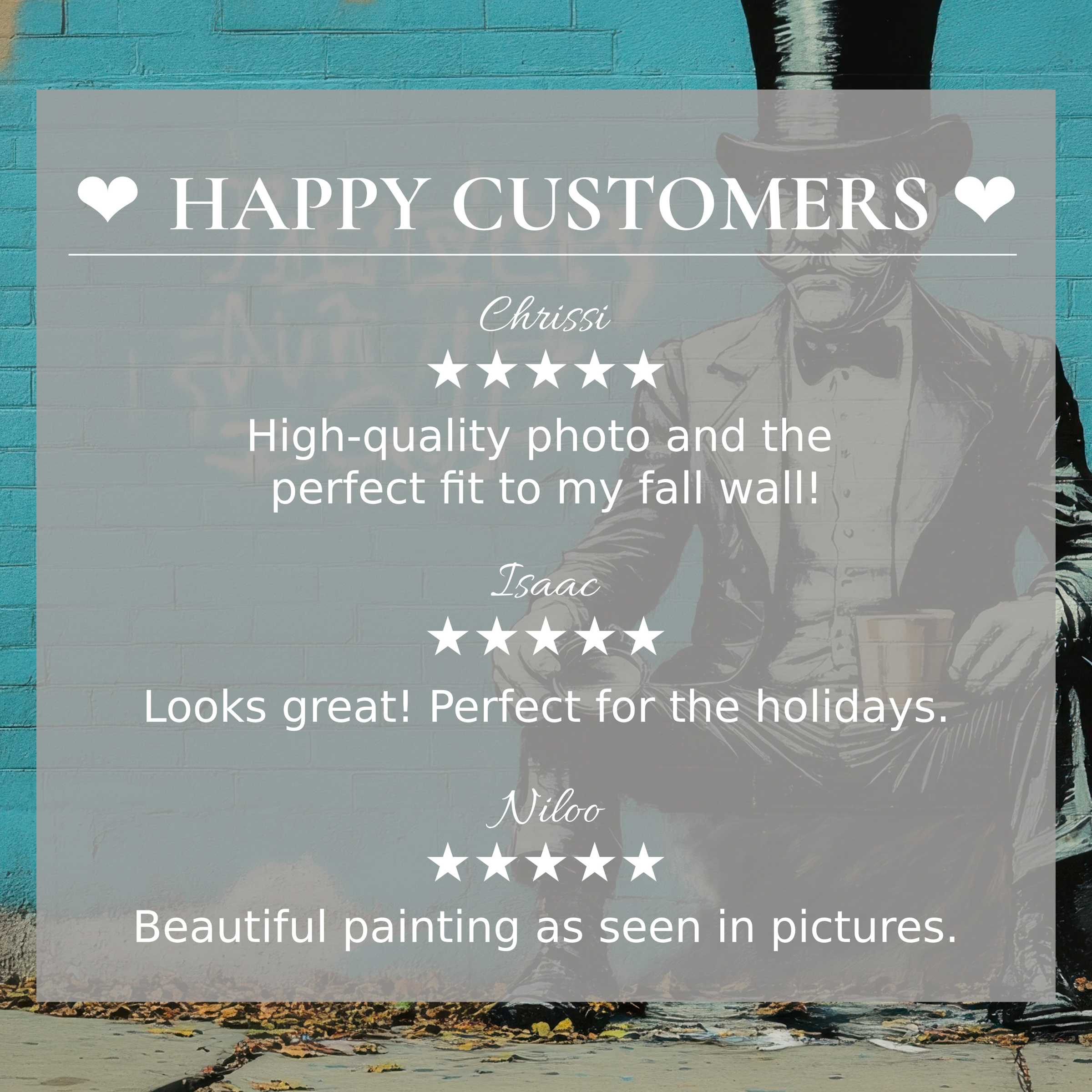 Street art for Frame TV on teal brick with gentleman mural; happy customer reviews build trust and showcase elegance