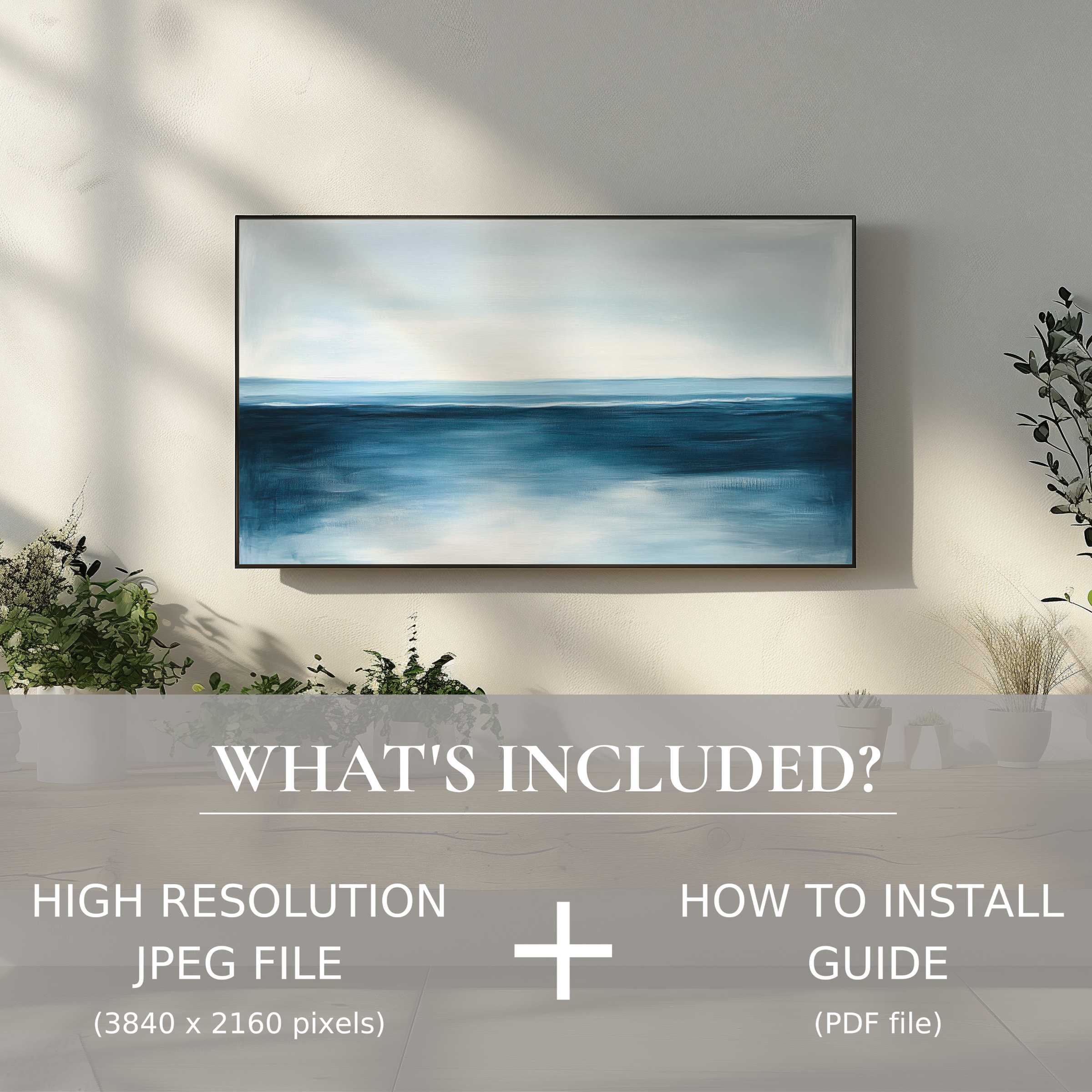 Elegant modern digital TV art download enhances serene living spaces with easy, high-res use and simple installation guide