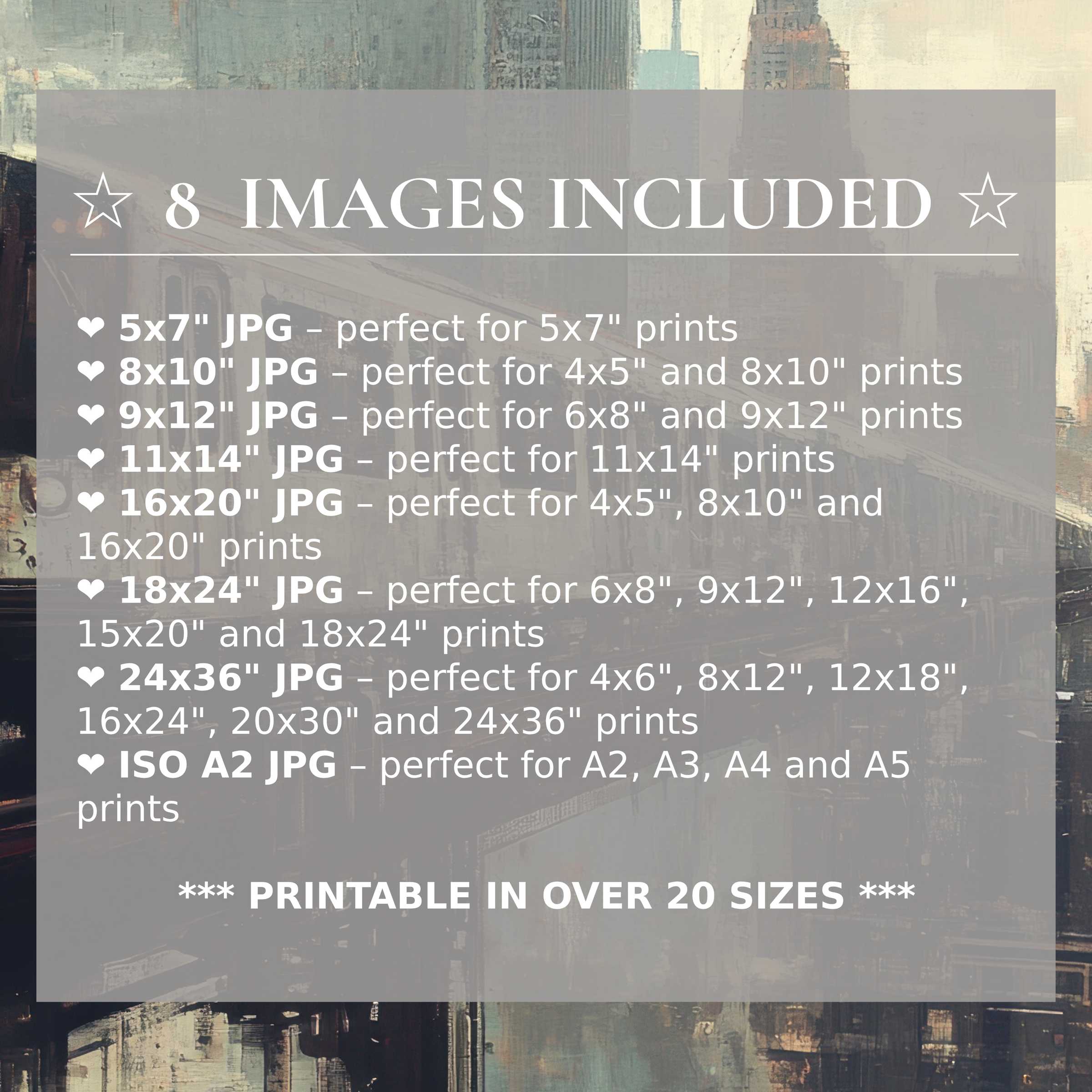 Urban digital print with radiant muted blues, greys, and warm tones, included in 8 high-quality sizes to elevate modern interiors