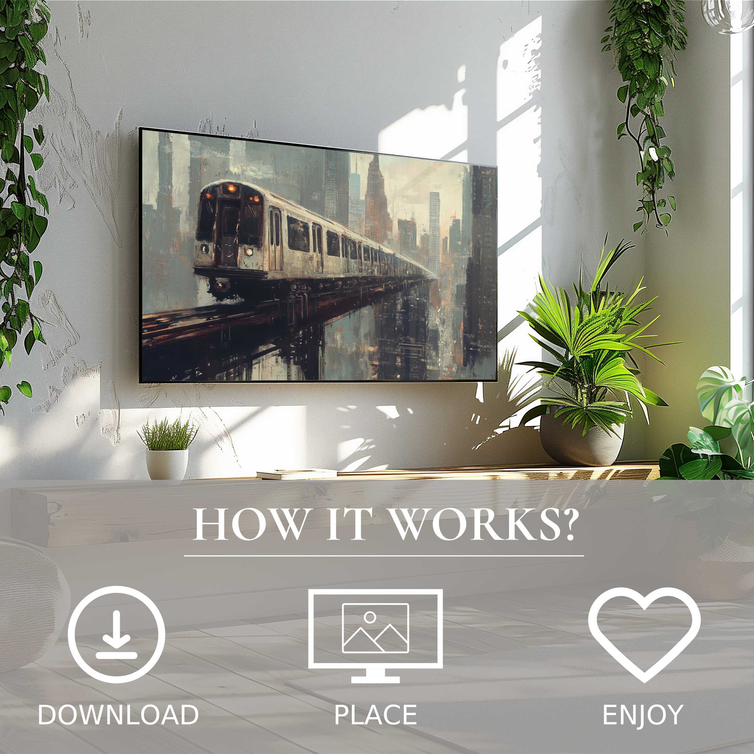 Urban art for Samsung TV shows a moody city train motif, easy digital download enriching sleek living spaces