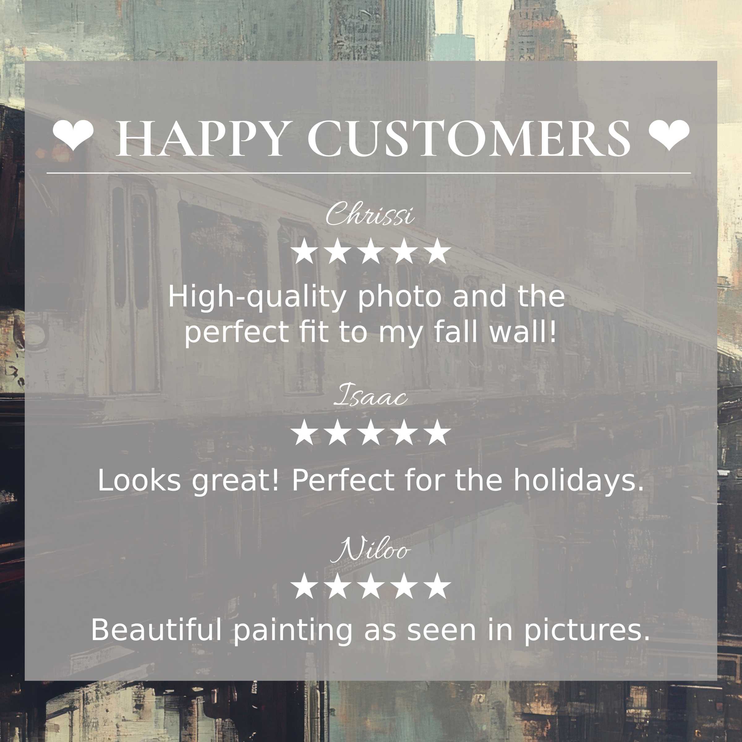 Urban art for Frame TV with abstract cityscape background, showcasing happy customer reviews and elegant design appeal