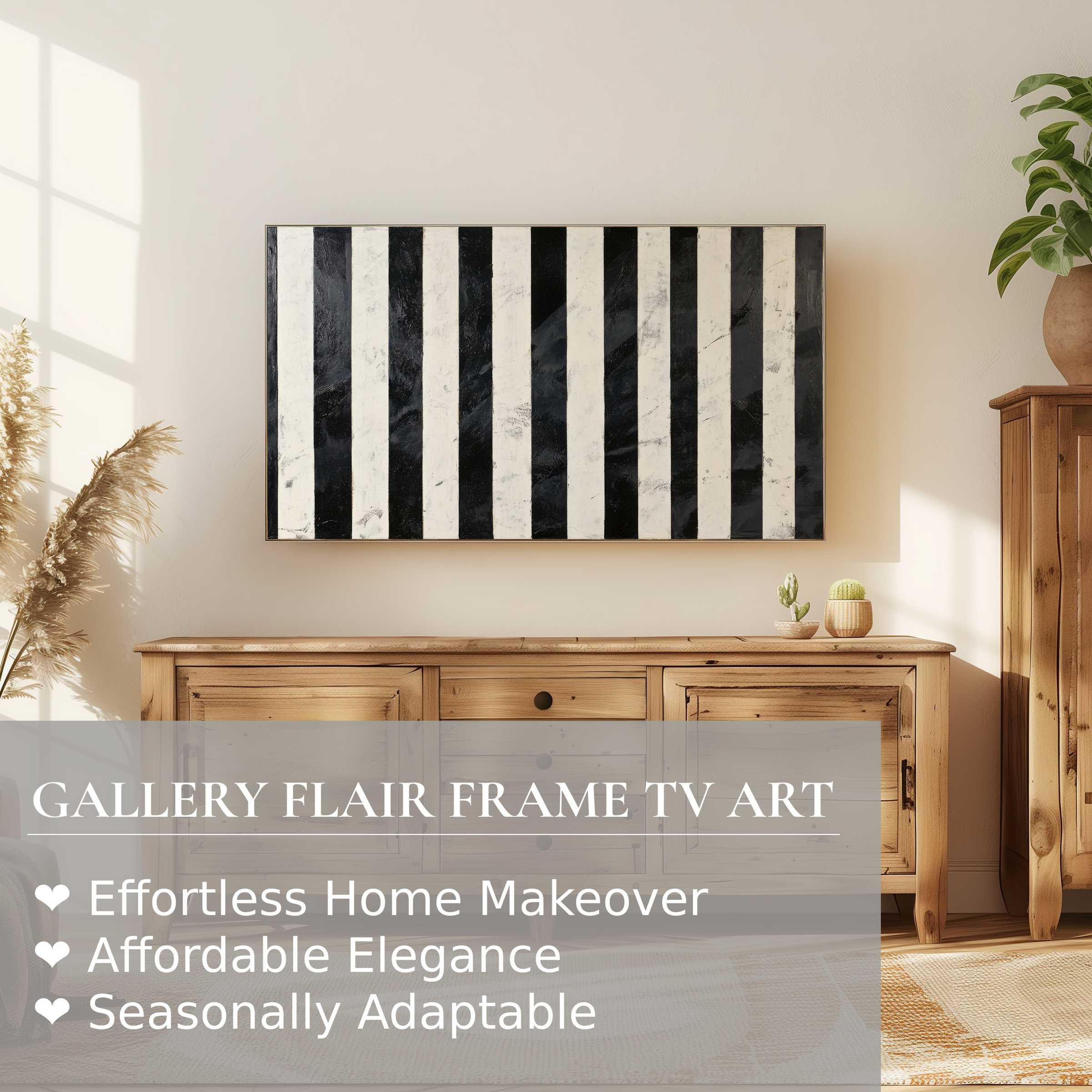 Samsung Frame TV displaying neutral digital artwork with modern black and white stripes in a cozy room