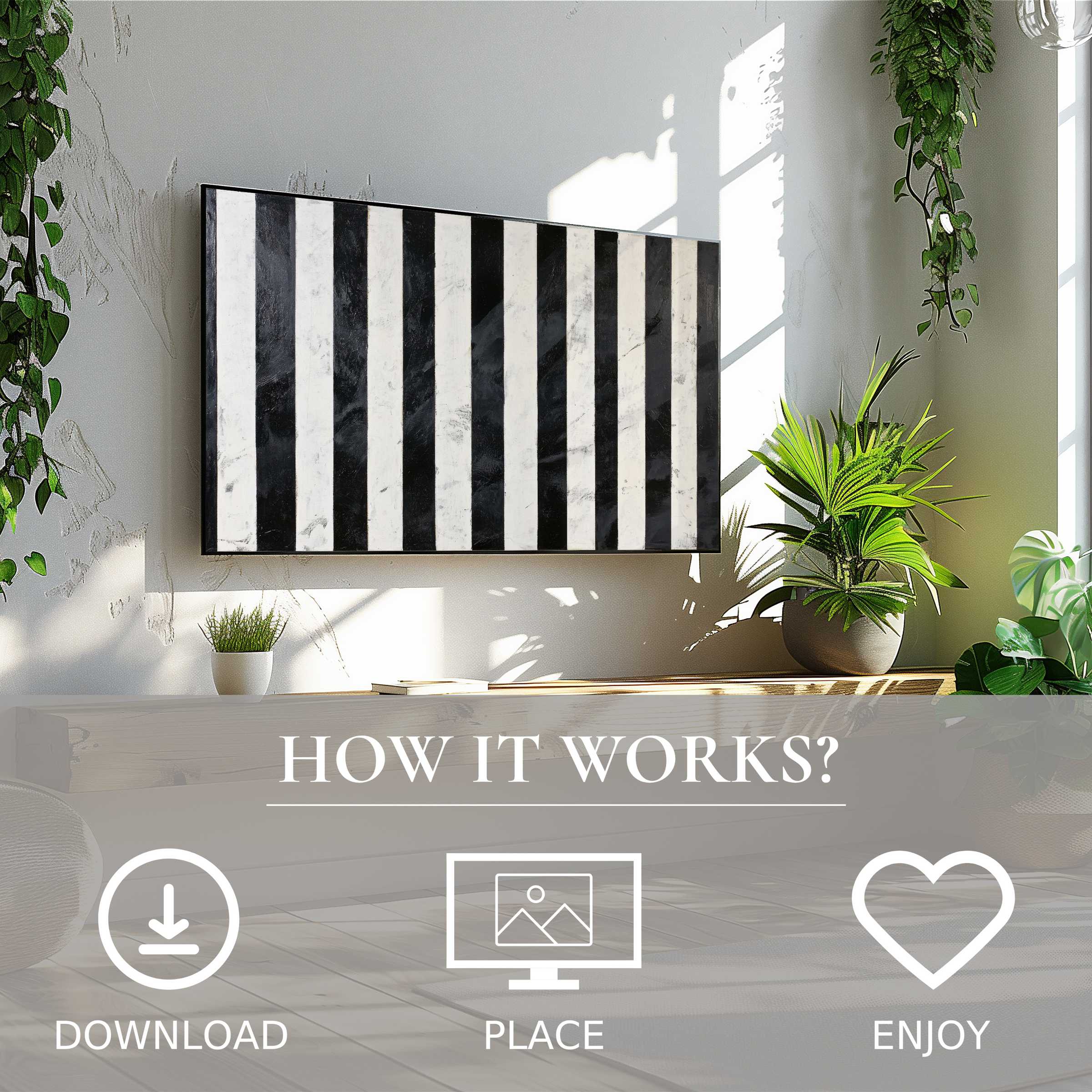 Neutral art for Samsung TV shows bold black and white stripes, easy digital download to enrich modern living spaces