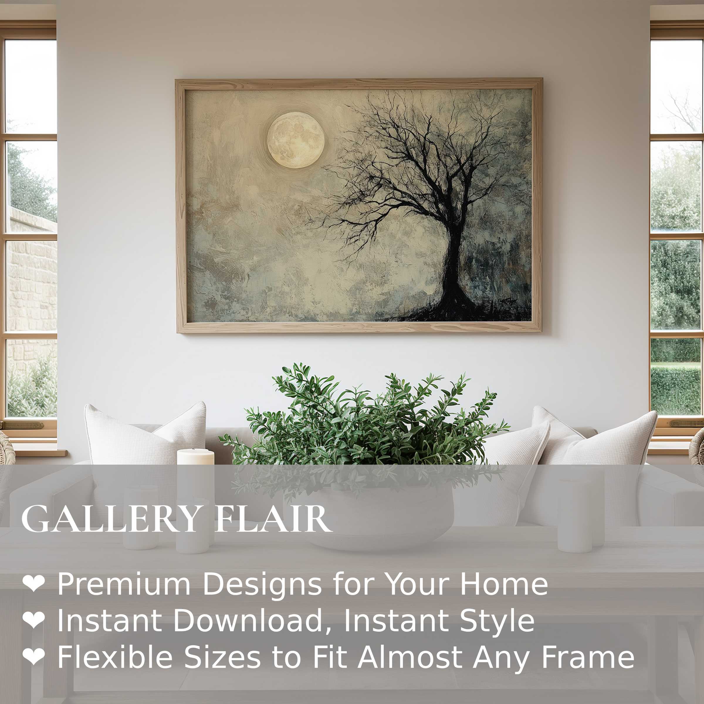 Tree wall art print featuring a serene moonlit silhouette, radiating calming elegance in a modern minimalist living space