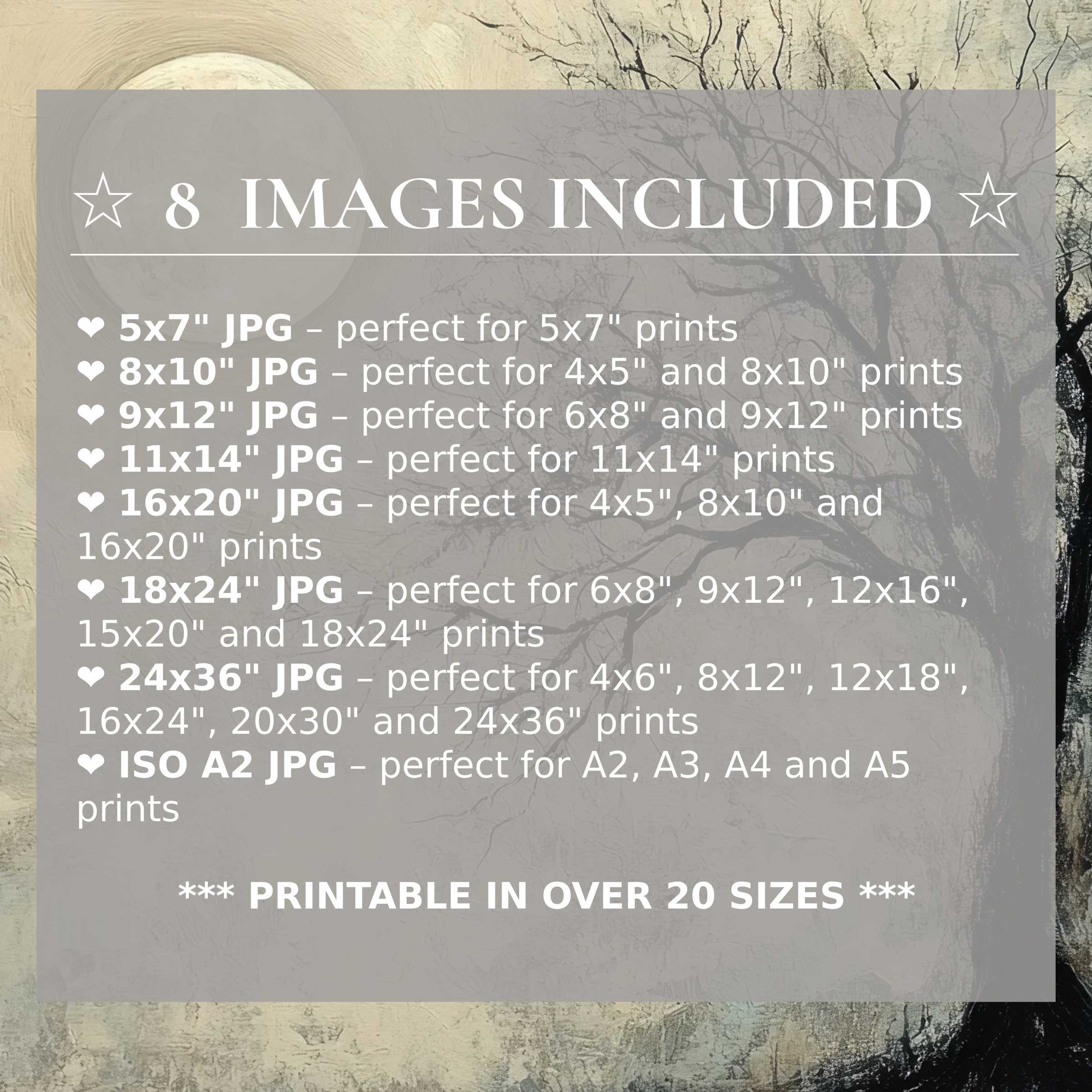 Print size guide showing 8 included JPG formats for versatile wall art printing – perfect for framing in popular sizes from 5x7 to 24x36 and A2