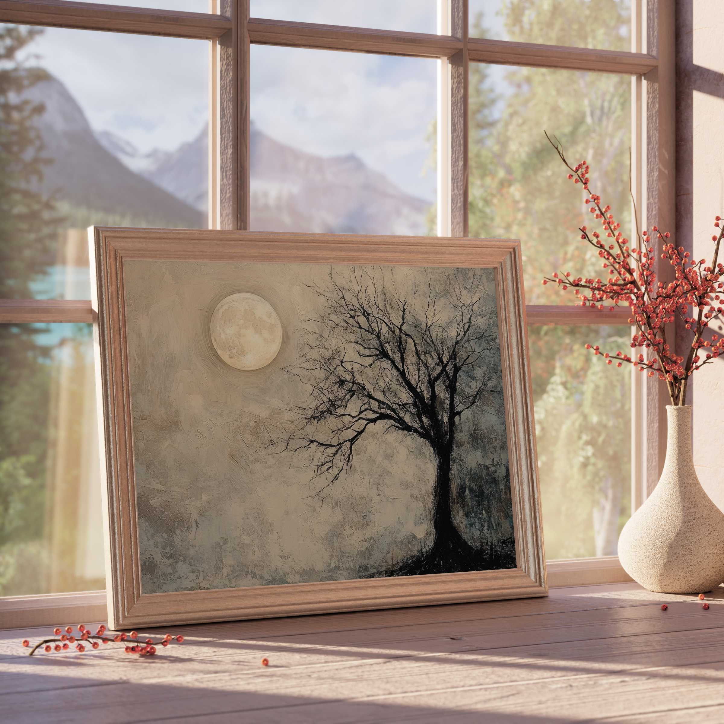 Elegant tree downloadable art featuring a serene moonlit scene, perfect for curated, tranquil interiors and luxe home decor
