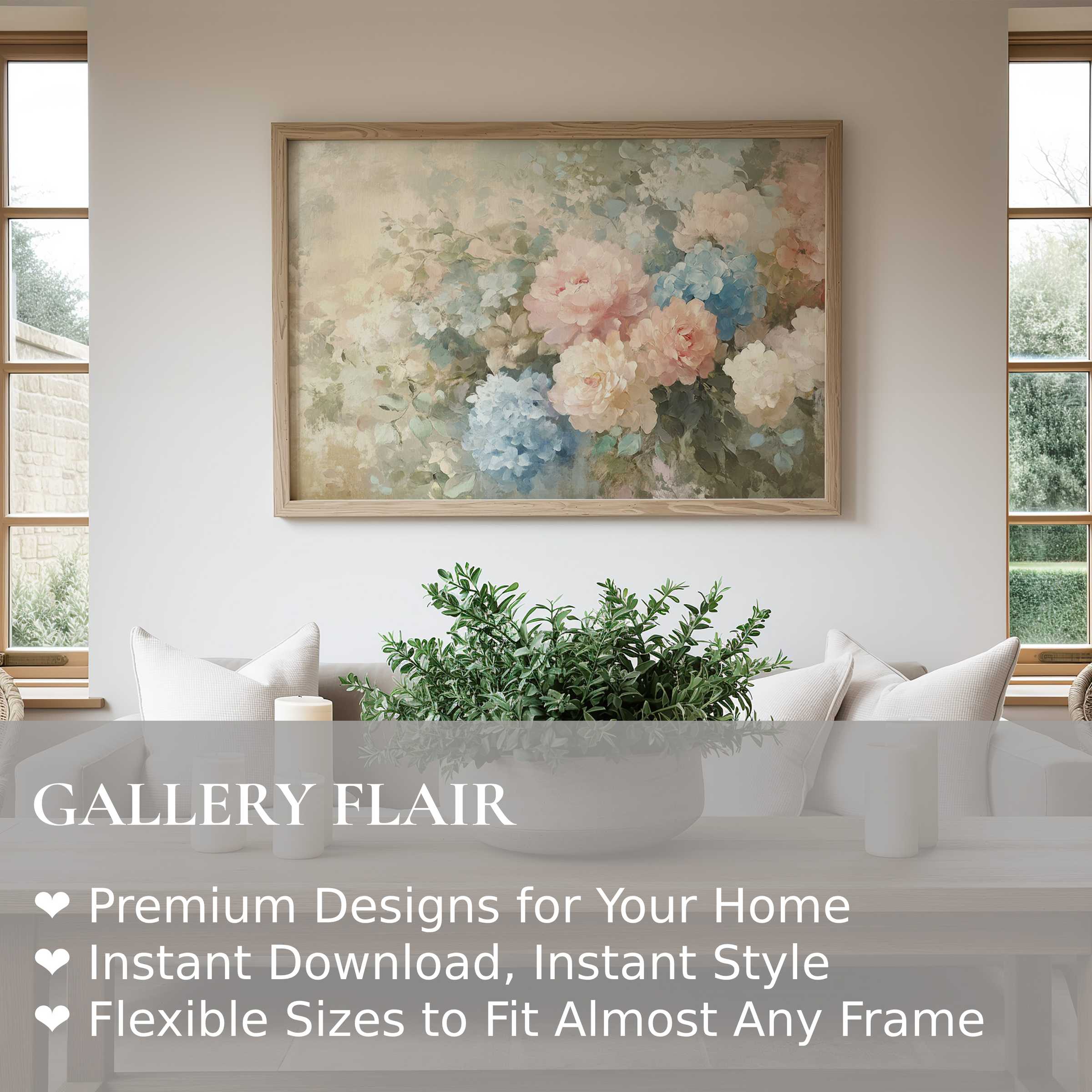 Soft, calming floral wall art print with pastel peonies and hydrangeas, elevating a modern minimalist living space