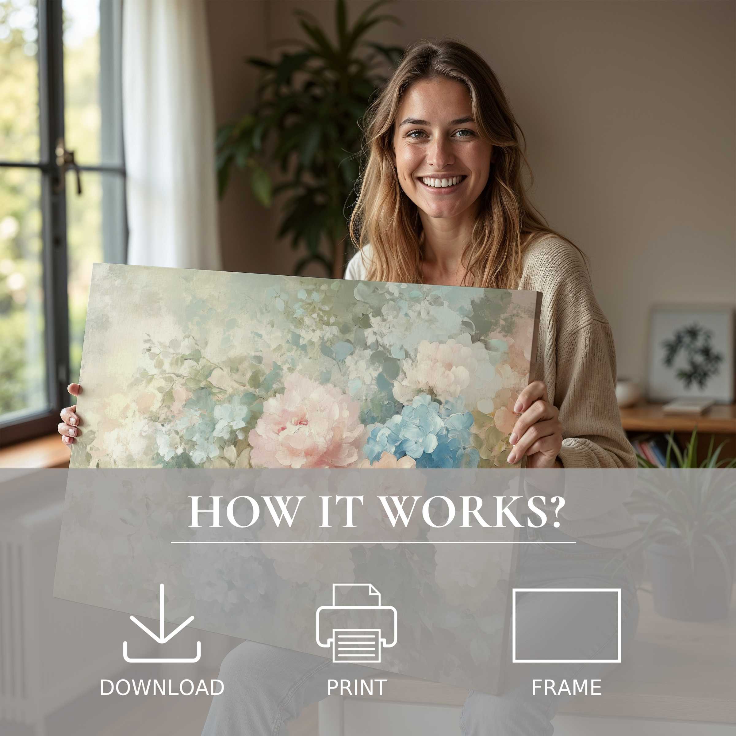 A serene moment of joy as a modern woman embraces floral digital art print, transforming her stylish home with effortless elegance