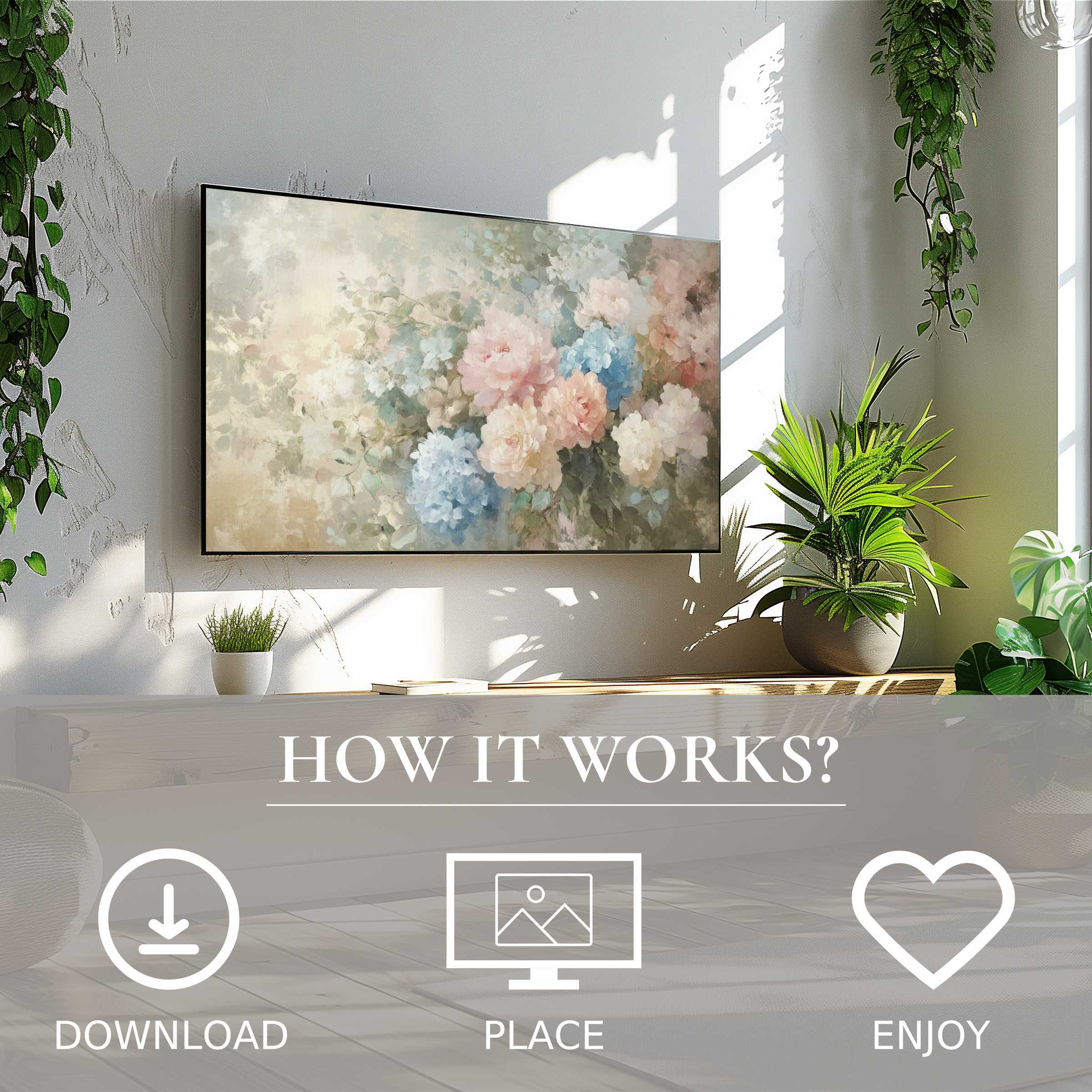 Floral art for Samsung TV: soft pastel blooms brighten minimalist space, easy digital download, elevates modern decor effortlessly