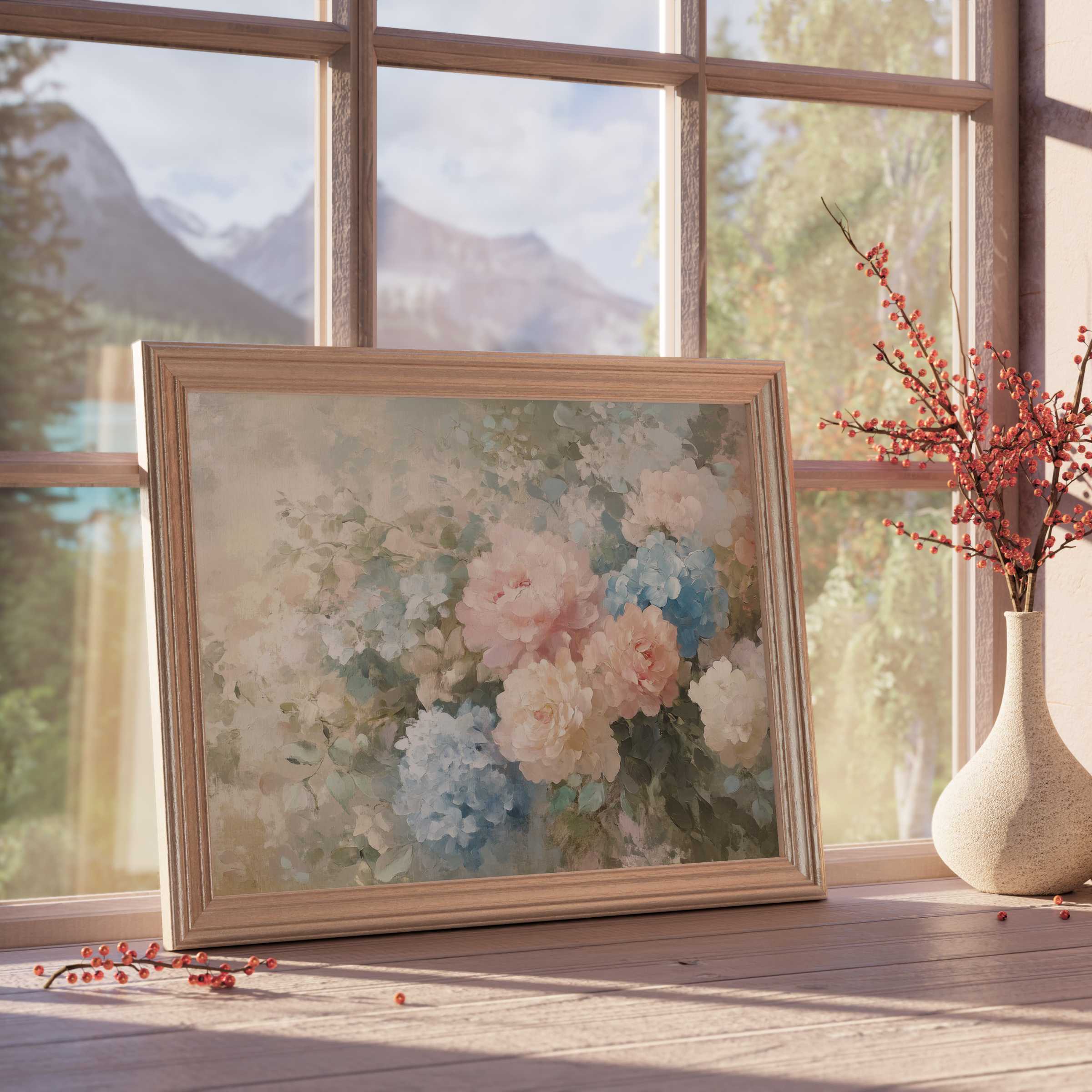 Elegant floral downloadable art featuring soft pastels and delicate blooms, infusing serene charm into curated, tranquil interiors
