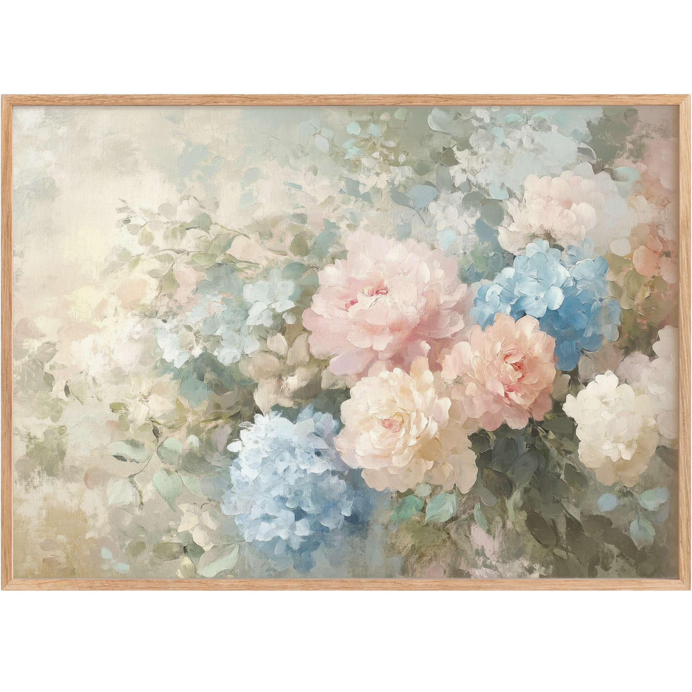 Soft pastel blooms in delicate blues, pinks, and creams create a calming, elegant floral printable wall art that elevates any chic space