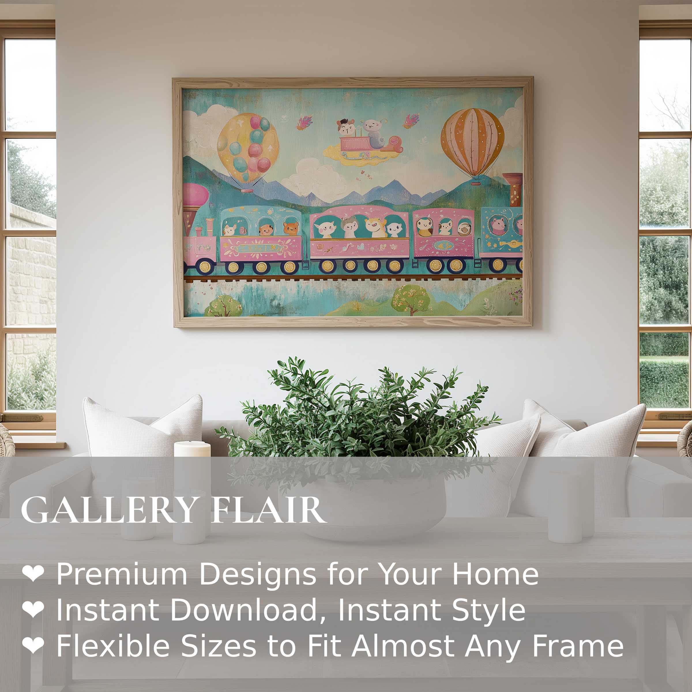 Whimsical nursery wall art print featuring a pastel train with charming animals, adding a soft, joyful touch to modern minimalist interiors