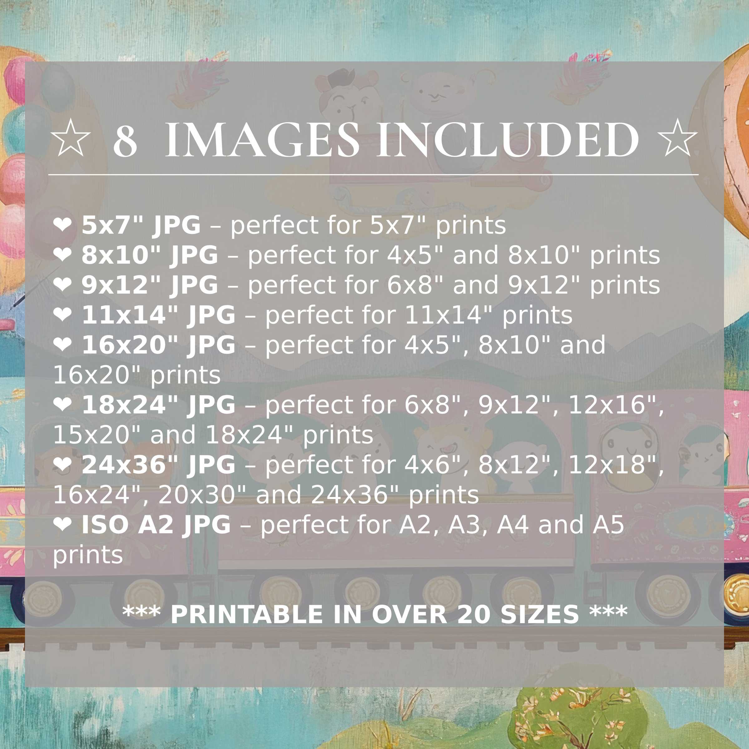 Nursery digital print radiates joyful pastels and serene blues, offered in 8 high-quality sizes included with download for versatile modern nursery elegance