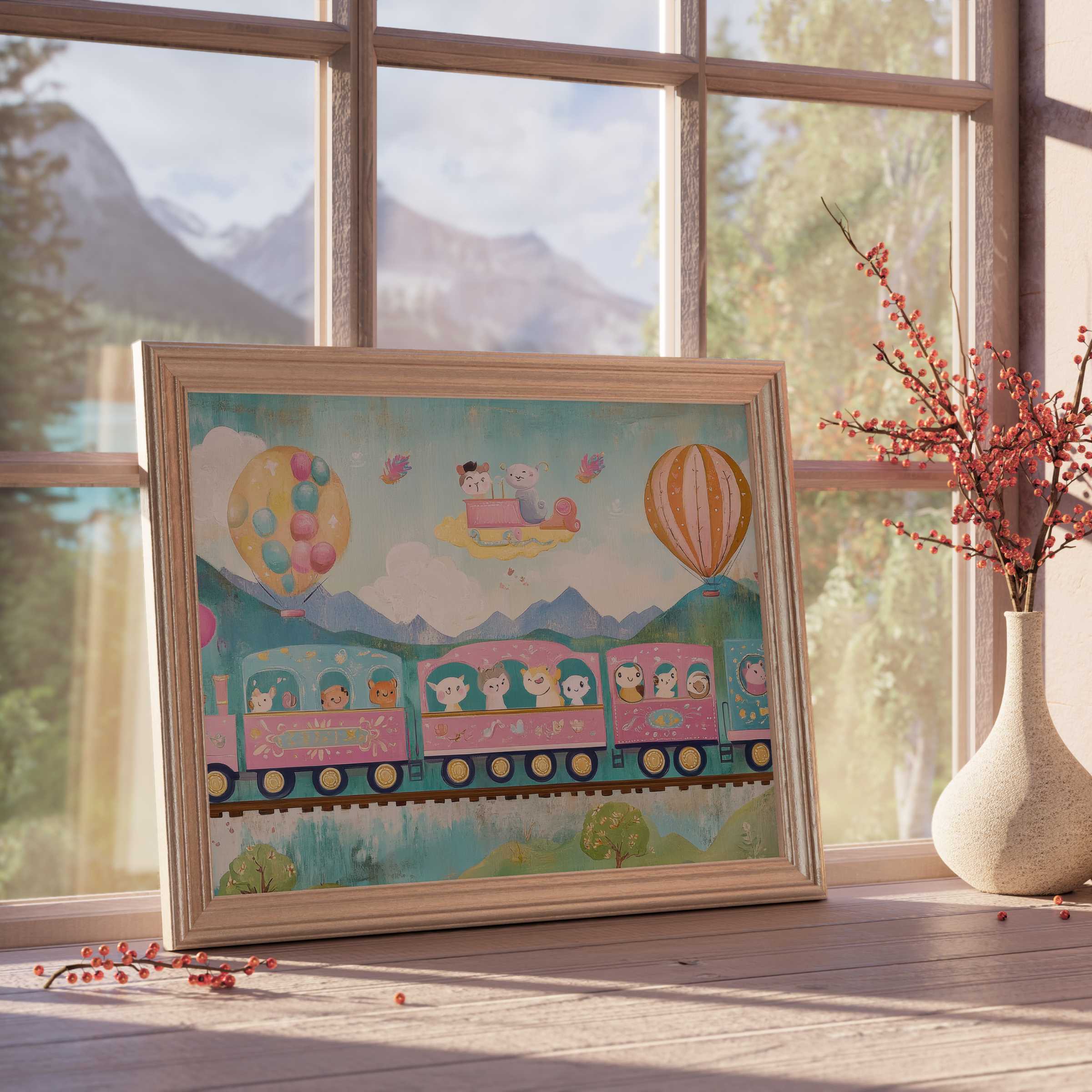 Whimsical nursery downloadable art featuring pastel animal friends aboard a vintage train, evoking calm, curated charm for stylish nurseries