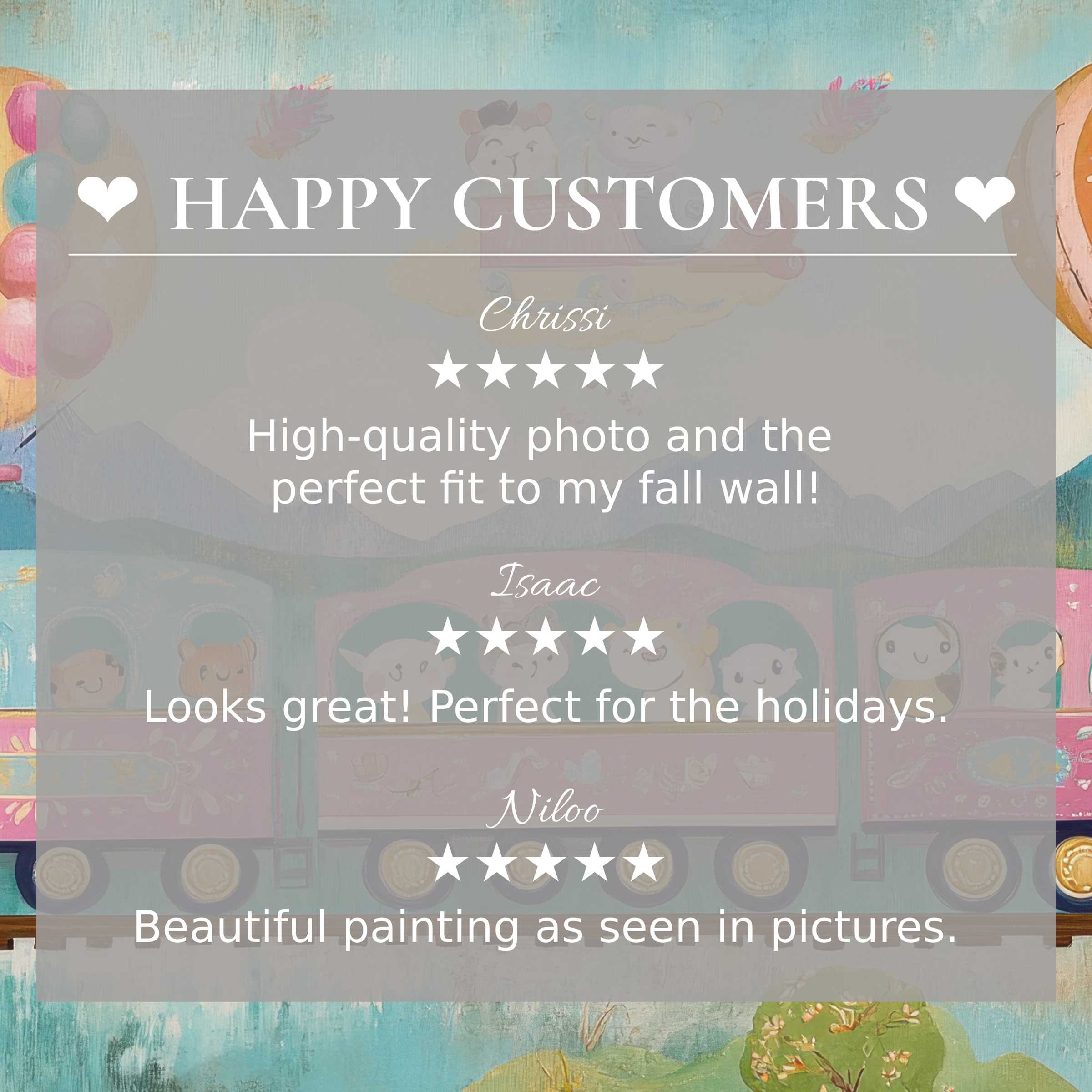 Nursery art for Frame TV with whimsical pastel train and sky backdrop; happy customer reviews enhance trust and elegance