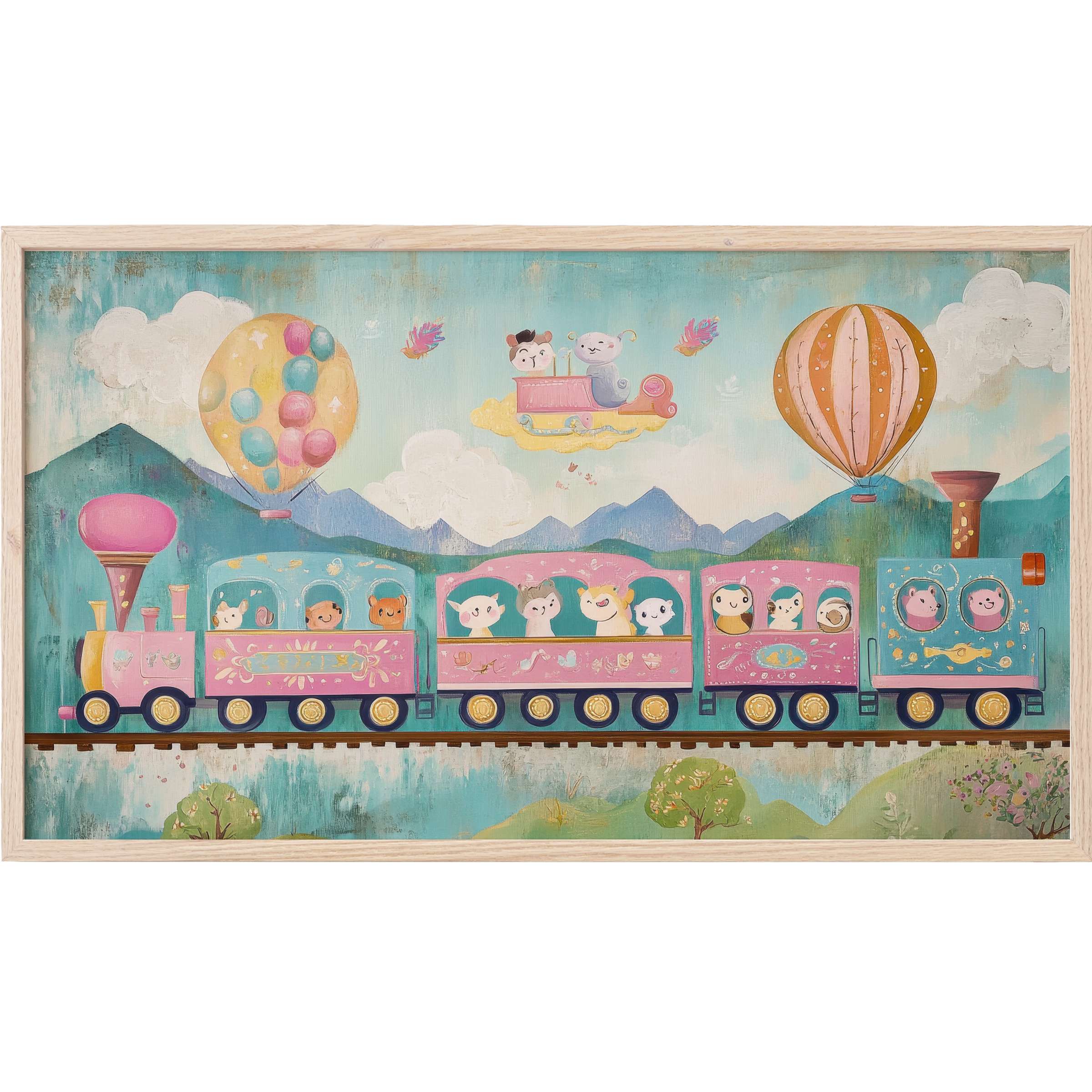 Whimsical pastel train with animals, balloons, and clouds in soft blue-green tones, nursery Frame TV Art