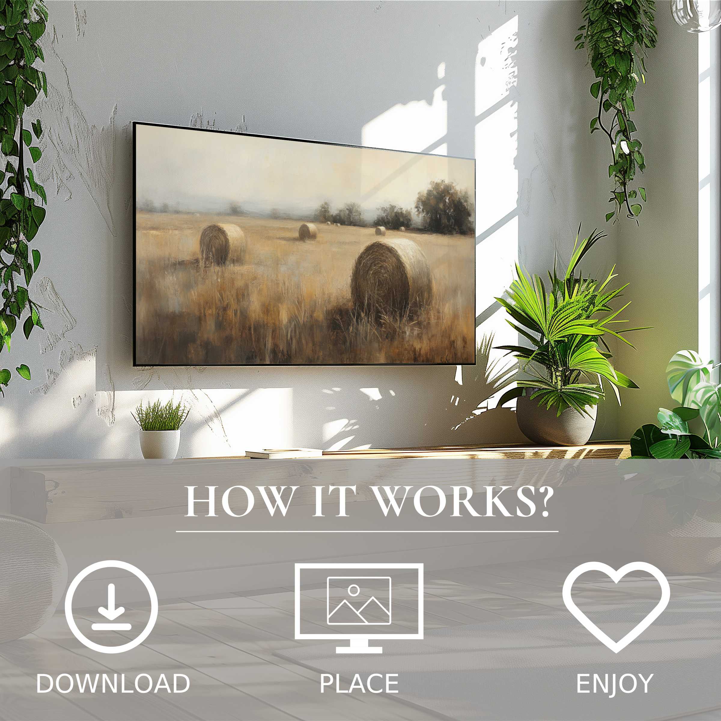 Vintage art for Samsung TV showing soft sunset-toned hay bales, easy digital download enriches modern living spaces