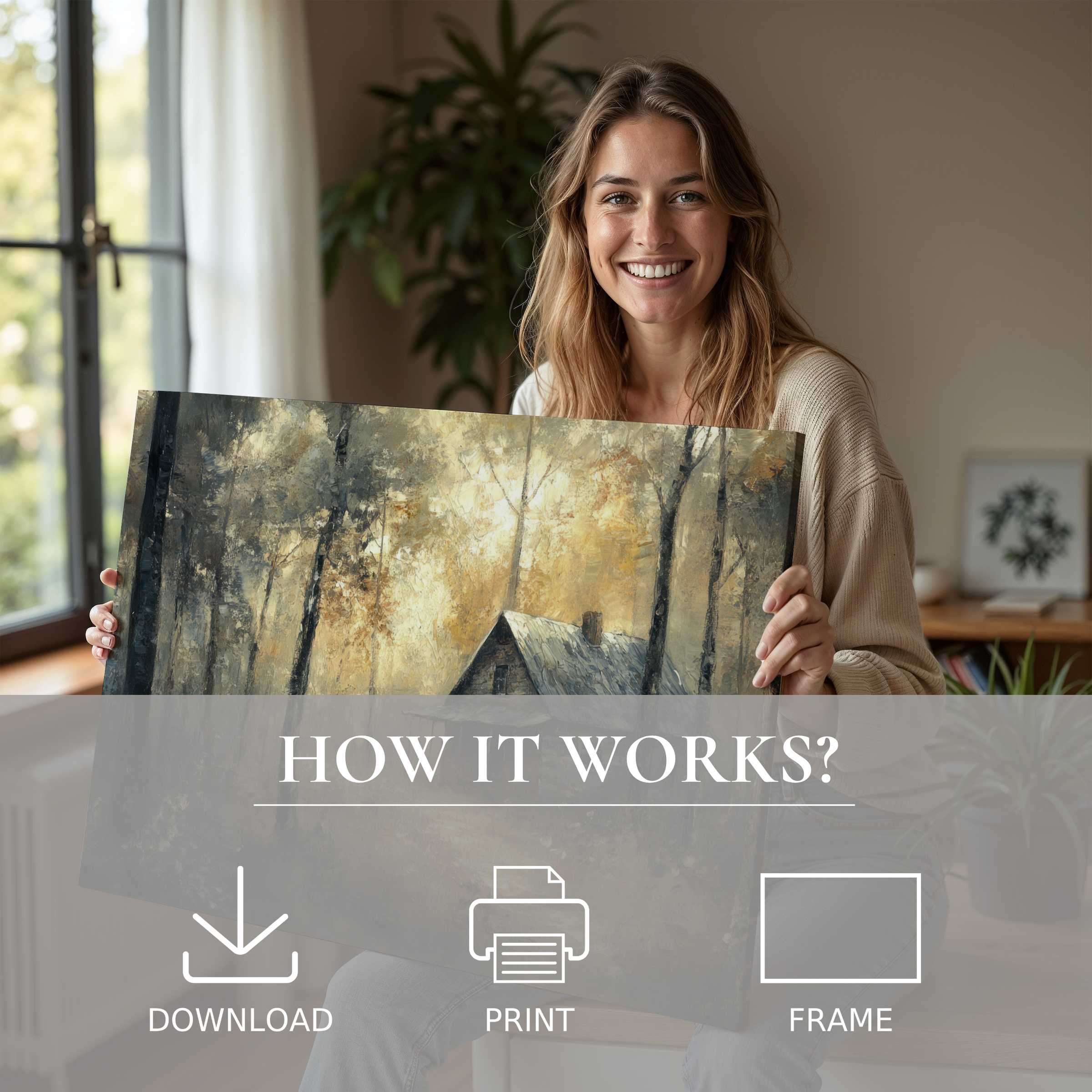 Refined woman in a modern home sharing a landscape digital art print that evokes warmth and serene connection with nature