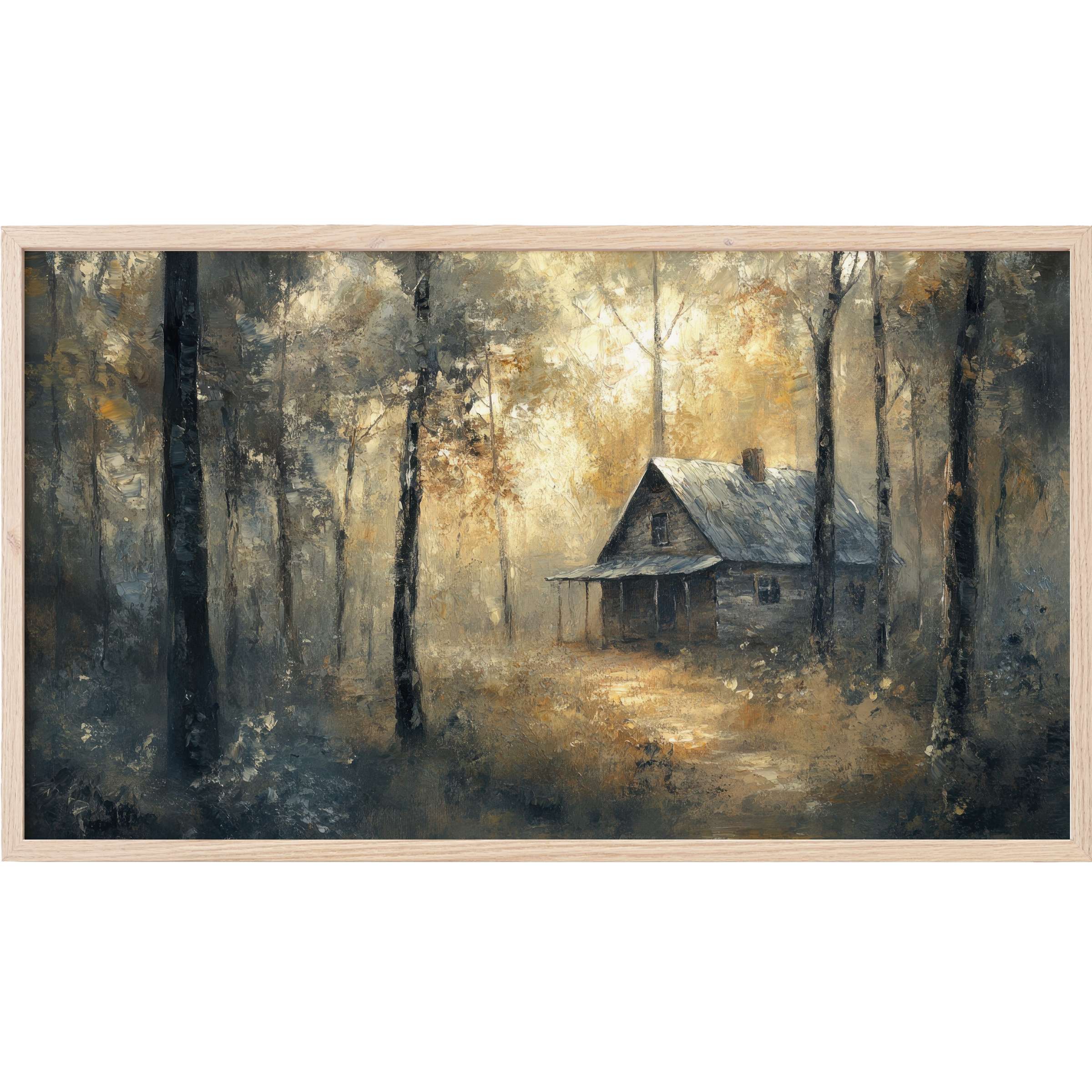 Landscape Frame TV Art depicting a serene forest cabin, with muted golds and deep blues in a textured, impressionist style