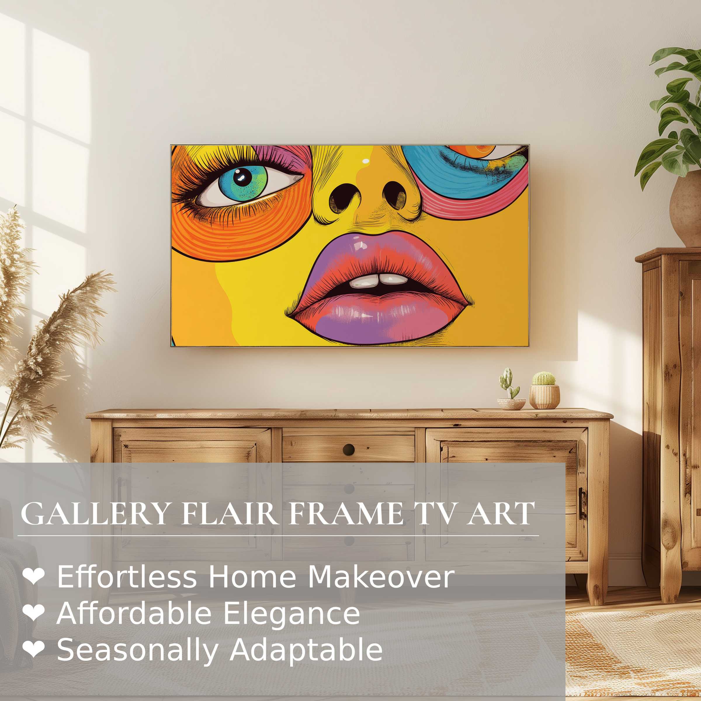 Modern living room with vibrant pop art digital artwork on Samsung Frame TV, blending elegance and bold style