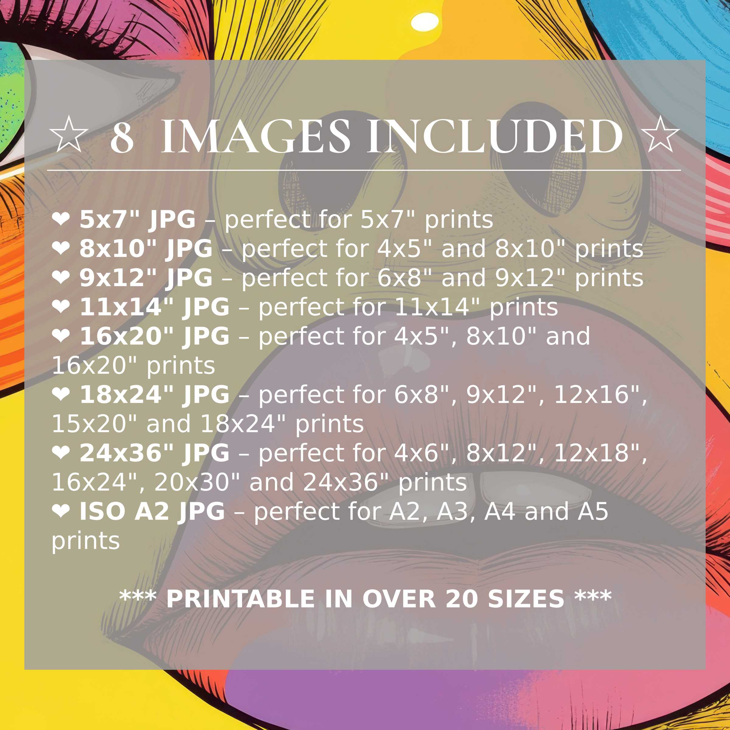 Pop art digital print radiates bold reds, yellows, and blues, elevating modern spaces with vibrant style Includes 8 high-res sizes