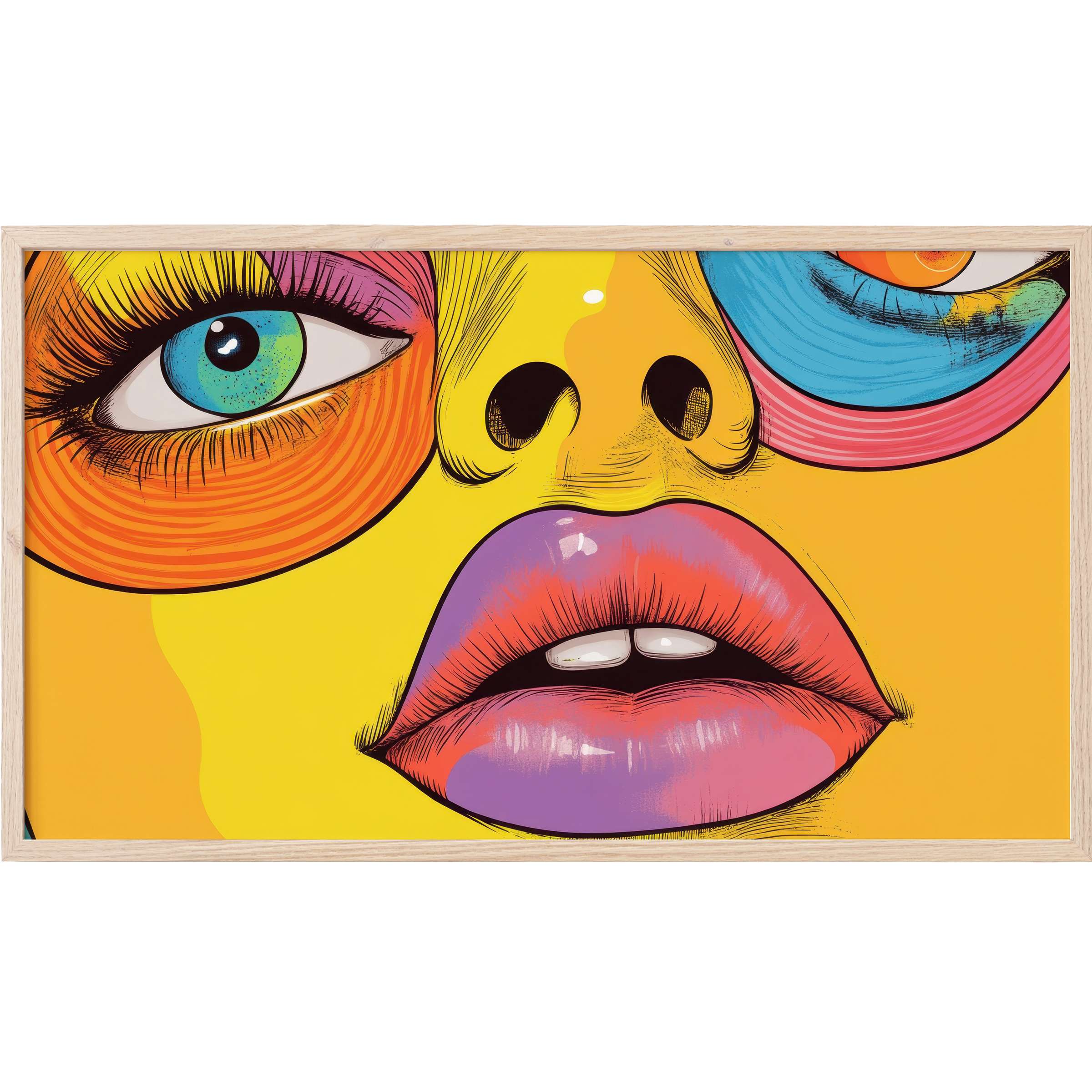 Vibrant pop art Frame TV Art featuring close-up eyes and lips in bold hues of yellow, orange, blue, and pink