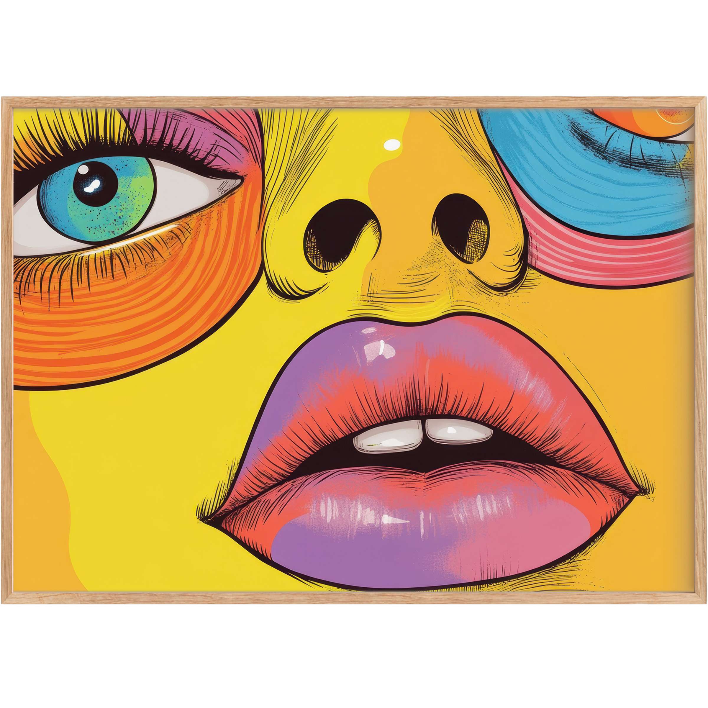 Bold pop art printable wall art featuring vivid turquoise eyes, glossy lavender lips, and radiant yellow skin, energizing any modern decor