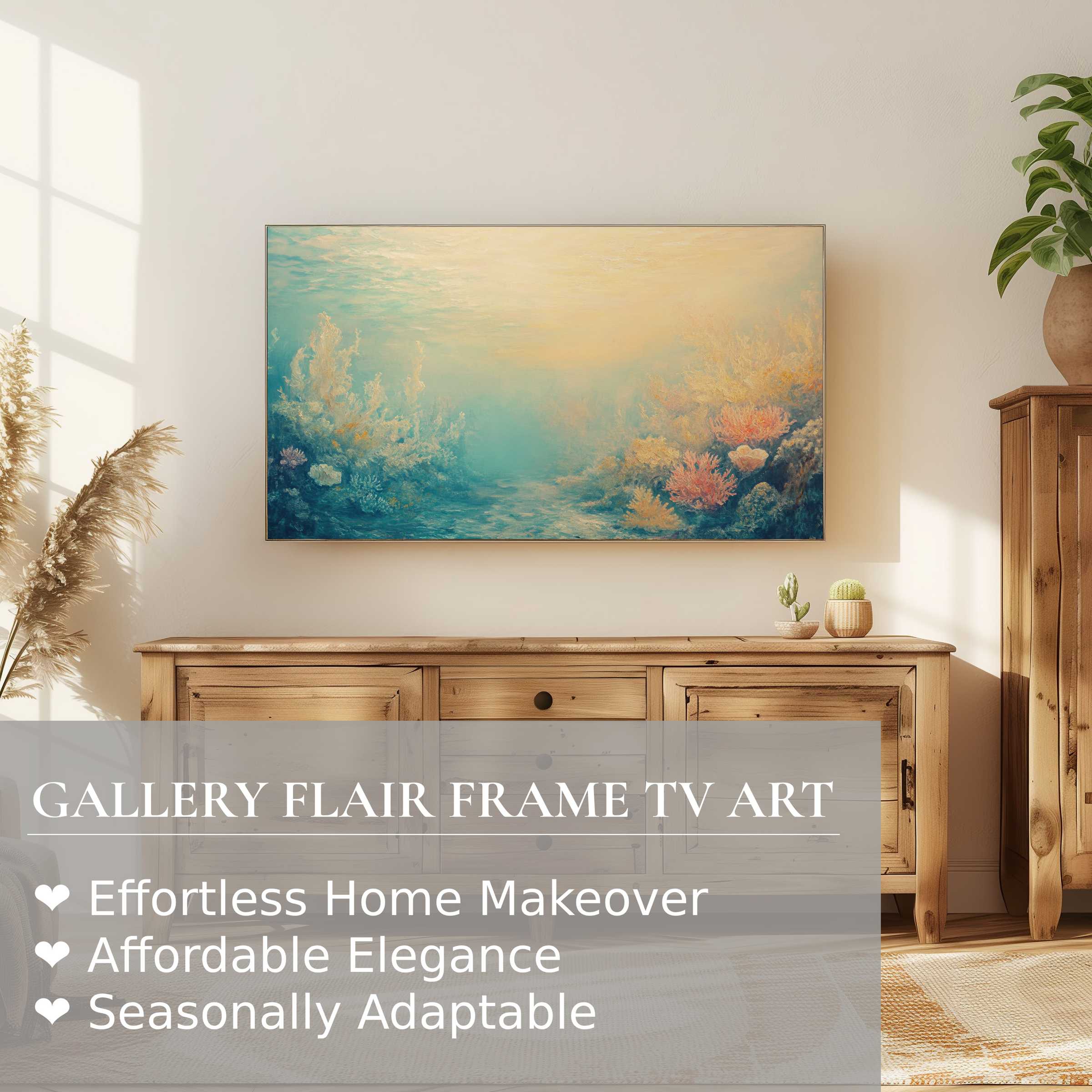 Modern Samsung Frame TV displays serene summer digital artwork, enhancing minimalist, natural wood interior decor