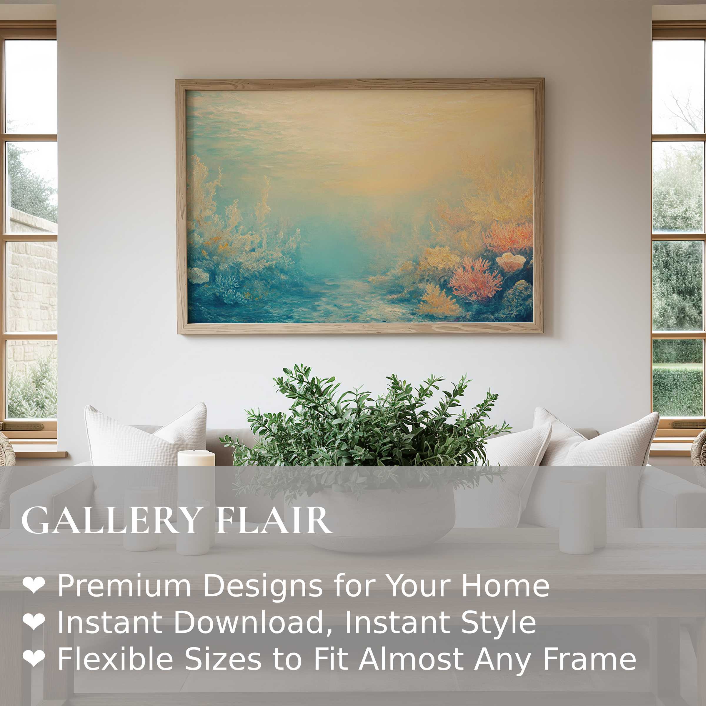 Serene summer wall art print with soft coral hues and aqua blues, elevating a modern minimalist space with calming coastal elegance