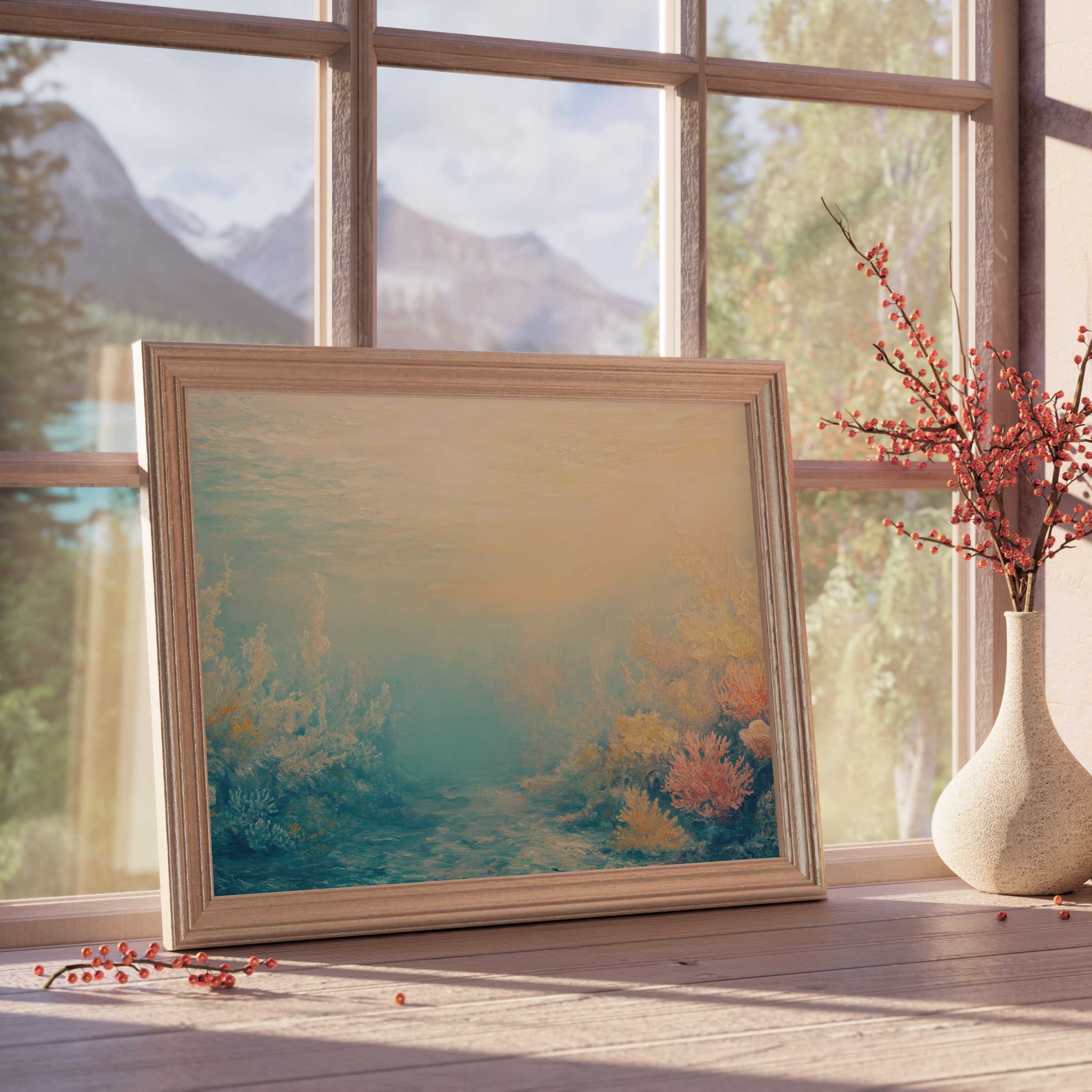 Summer downloadable art capturing calm underwater coral hues, enhancing serene, curated interiors with tranquil coastal elegance