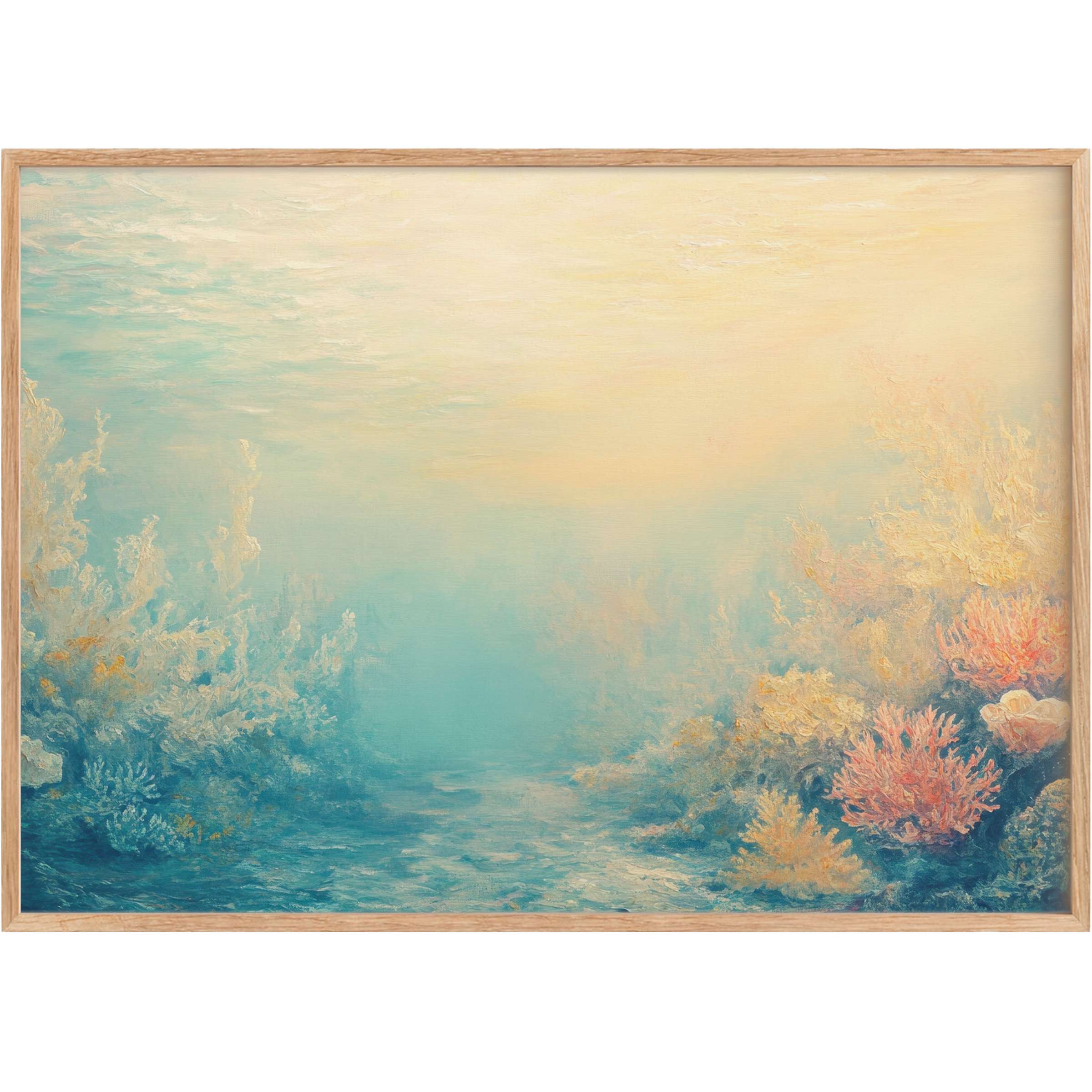 Summer printable wall art capturing a tranquil underwater garden in soft blues and warm coral hues, evoking serene coastal elegance