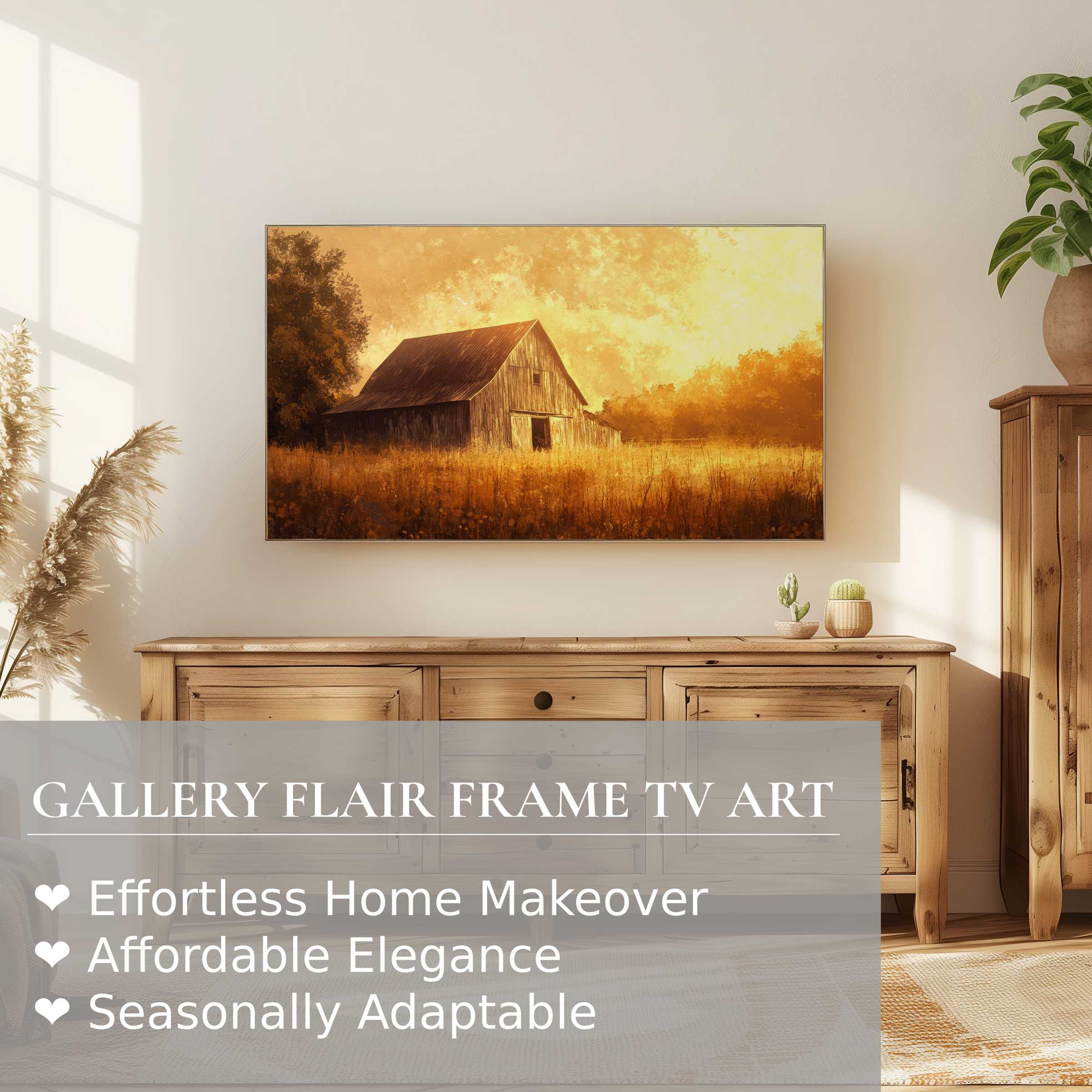Samsung Frame TV displaying warm, golden farmhouse digital artwork in a serene, natural home setting